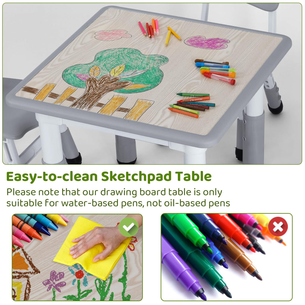 Kindertisch mit 2 Stühlen, Kindersitzgruppe Höhenverstellbar Packung, Tisch Stuhl Set für Kinderzimmer, Plastik Kindermöbel, Sitzgruppe für Jungen Mädchen ab 3 Jahre (Grau, Quadratischen Tisch)