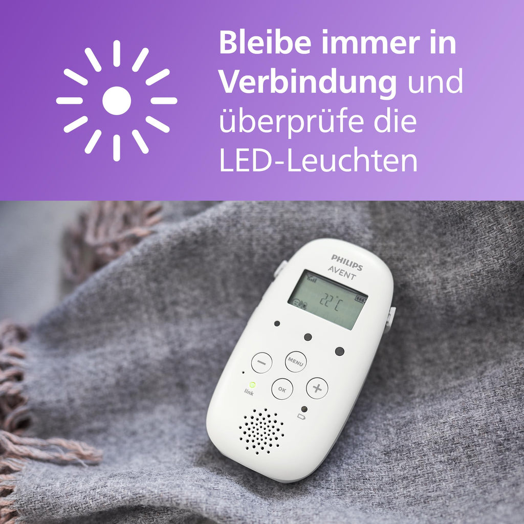 Philips ‎AVENT Audio Babyphone DECT-Technologie, Eco-Mode, Gegensprechfunktion, Schlaf- und Nachtlieder, Temperatursensor, maximale Reichweite, weiß (Modell SCD713/26)