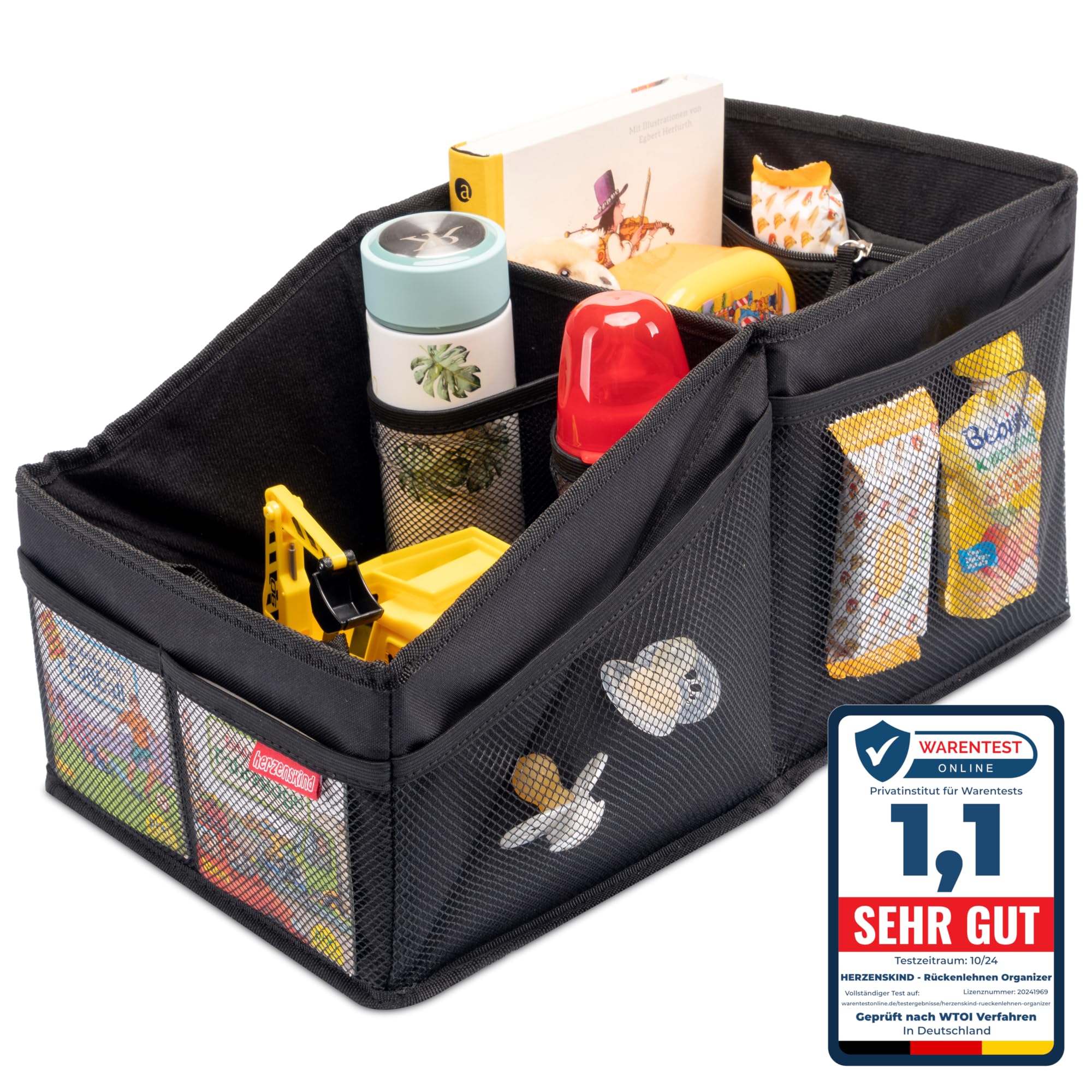 HerzensKind Auto Organizer - die praktische Faltbox für den Rücksitz oder Kofferraum. Rücksitz Organizer zum Verstauen von Windeln Spielzeug etc. neben dem Kindersitz