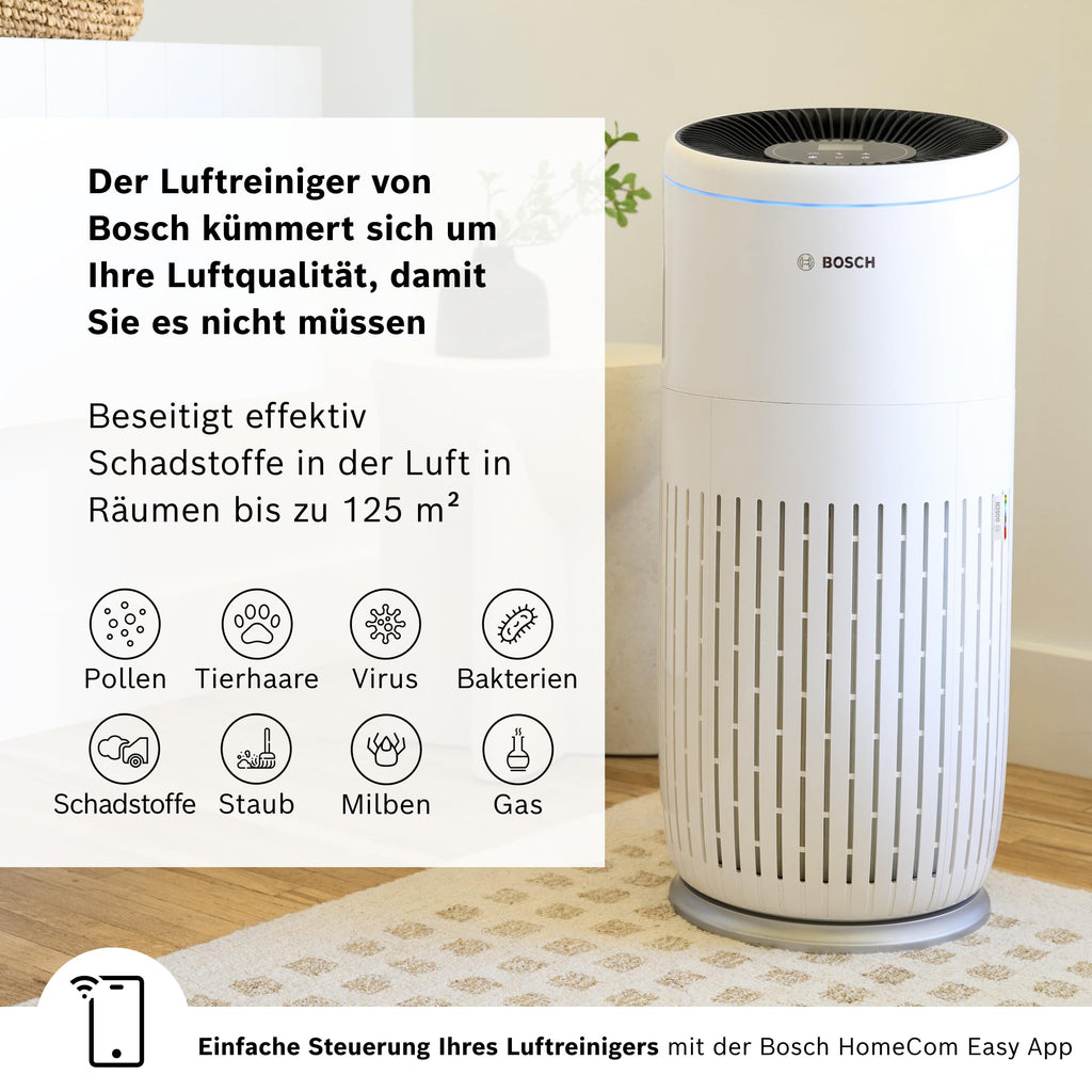 Bosch Air 6000i App-gesteuerter Luftreiniger - Für Räume bis zu 125 m² - Entfernt Schadstoffe - Mit 4-in-1 Luftfilter, Smart Sensor, Automatikmods, Ruhemodus (< 25 dB(A)) - CADR: 600 m³/h