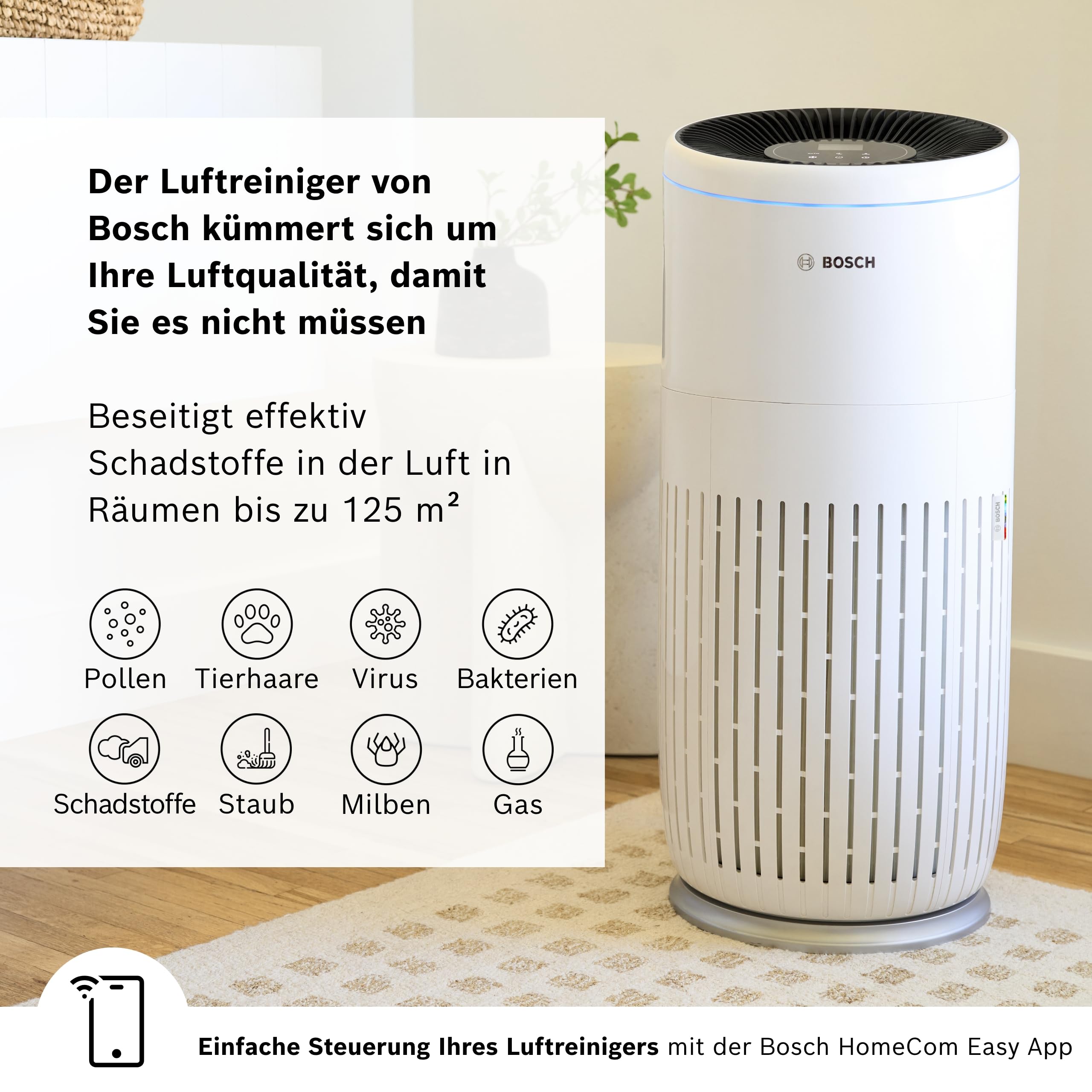 Bosch Air 6000i App-gesteuerter Luftreiniger - Für Räume bis zu 125 m² - Entfernt Schadstoffe - Mit 4-in-1 Luftfilter, Smart Sensor, Automatikmods, Ruhemodus (< 25 dB(A)) - CADR: 600 m³/h