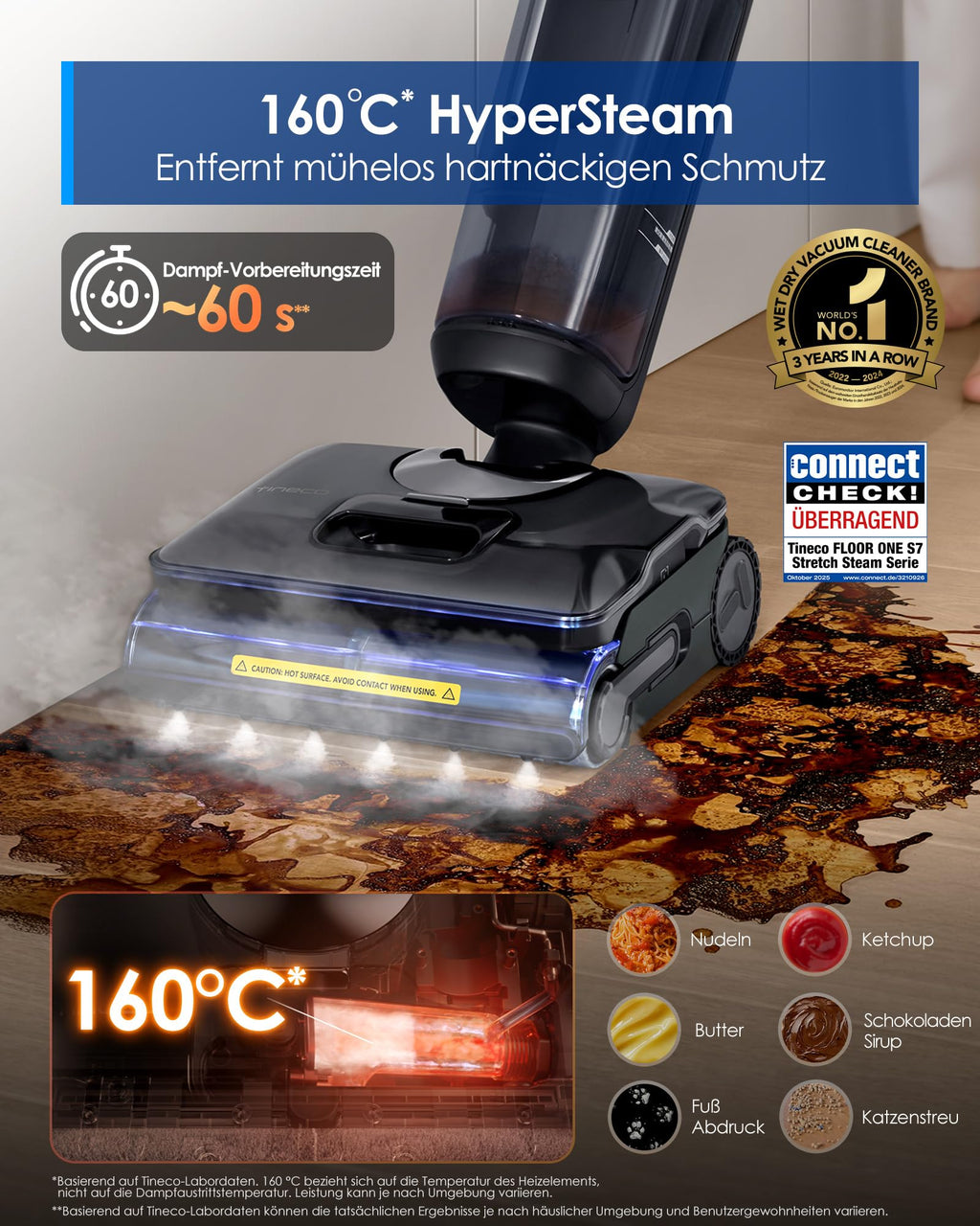 Tineco FLOOR ONE S7 Stretch Steam Nass Trockensauger 160 °C HyperSteam Dampfreiniger, 80 Min Laufzeit, DualBlock Anti-Tangle, FlashDry Selbstreinigung, Dreiseitige Kantenreinigung, hartnäckige Flecken