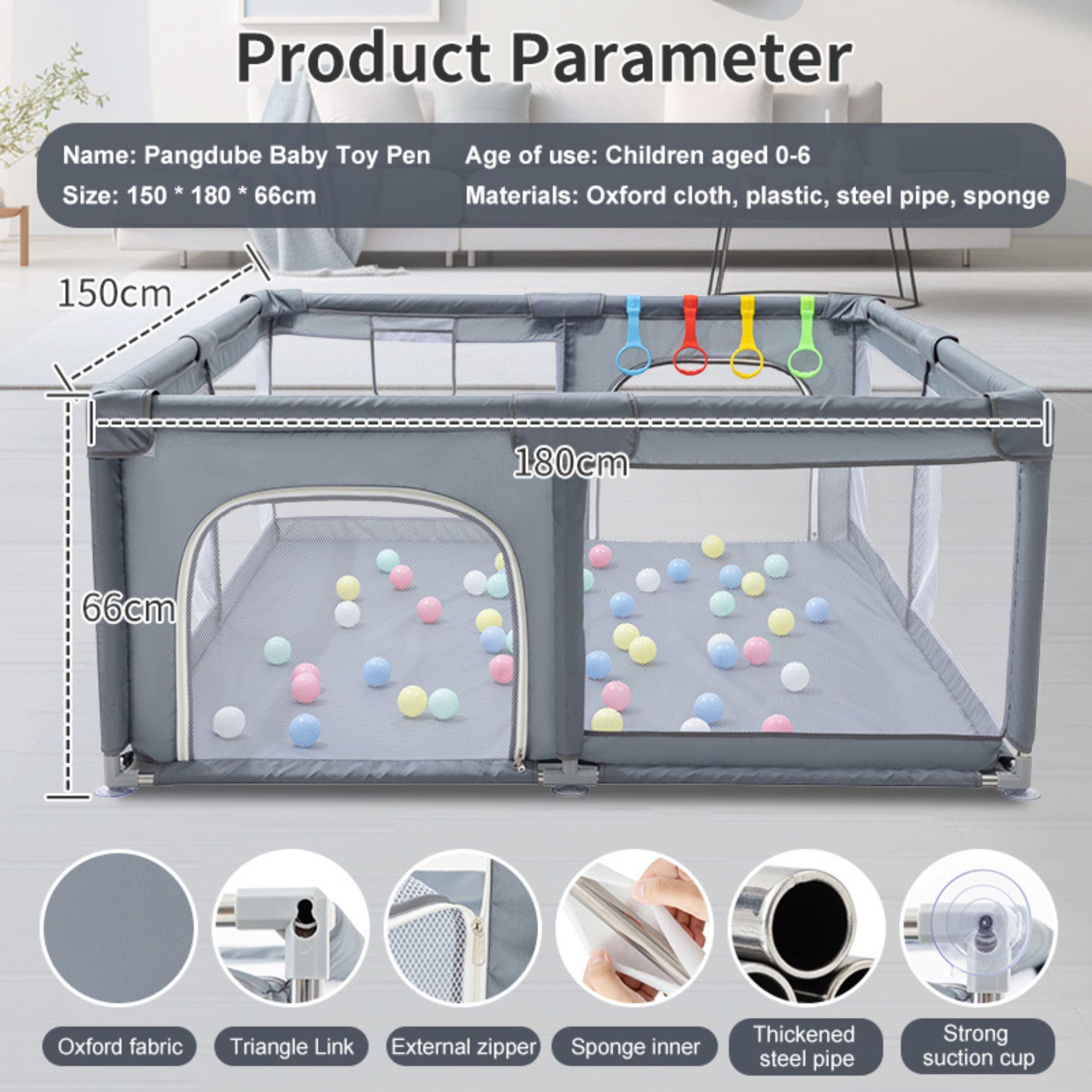 GLOKID Laufstall Baby 120 X 180cm, Laufgitter baby, große Sicherheitsspielplatz, mit Anti-Kollision Schaum Absperrgitter mit atmungsaktivem Netz, Einschließlich Ocean Balls y Pull Rings (XWL 1218)