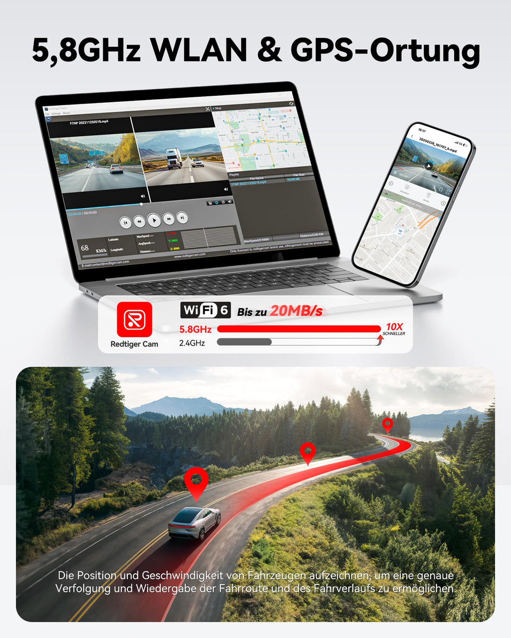 REDTIGER Dashcam 4K FrontUndHeck UltraWeitwinkel STARVIS2 GPSWiFi AutofahrerPremium