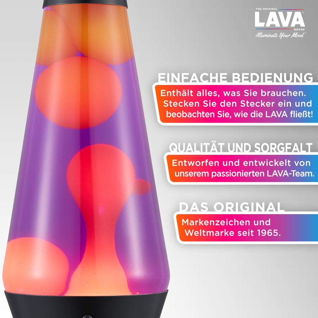 LAVA® – Lavalampe Evenfall Rocket 2391, gelbes Wachs, lila Flüssigkeit, dekorative Basis, Kappe und Raketenflossen, Original 14,5 Zoll Bewegungslampe der Marke LAVA®
