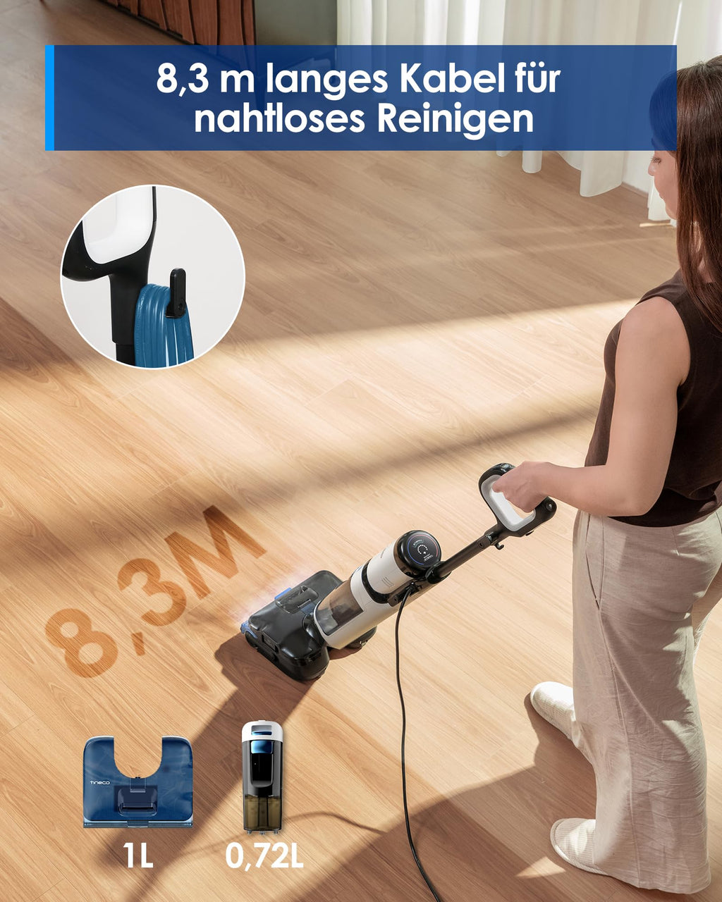 Tineco FLOOR ONE S6 Stretch Steam Nass Trockensauger, 160 °C Tineco BoostSteam, Anti-Verwicklungs-Design, FlashDry Selbstreinigung, Dampfreiniger mit Kabel für eingetrocknete Flecken und Fugen