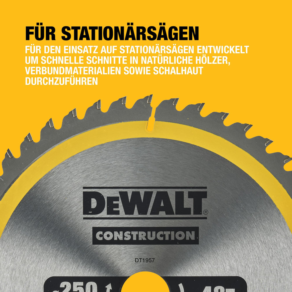 DEWALT 250 x 30 mm Kreissägeblatt (für den Einsatz auf Stationärsägen, nagelfest, 48 Zähne, Wechselzahngeometrie, 10° Zahnwinkel, 3 mm Schnittbreite), DT1957-QZ