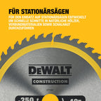 DEWALT 250 x 30 mm Kreissägeblatt (für den Einsatz auf Stationärsägen, nagelfest, 48 Zähne, Wechselzahngeometrie, 10° Zahnwinkel, 3 mm Schnittbreite), DT1957-QZ