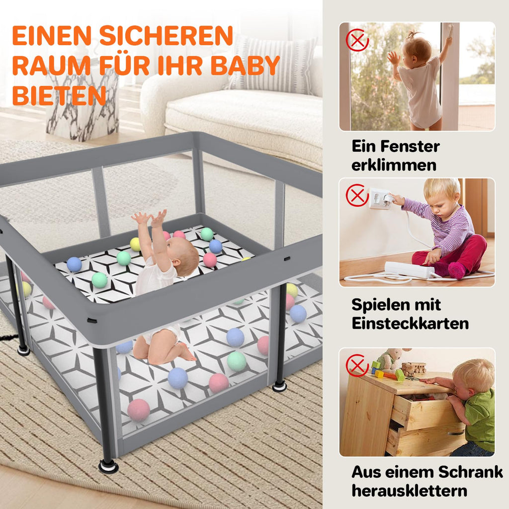 Laufstall Baby Faltbar Playpen with Mat - 127x127CM-Laufgitter, Schneller Aufbau, Sicher & Tragbar für drinnen & draußen (Grau)