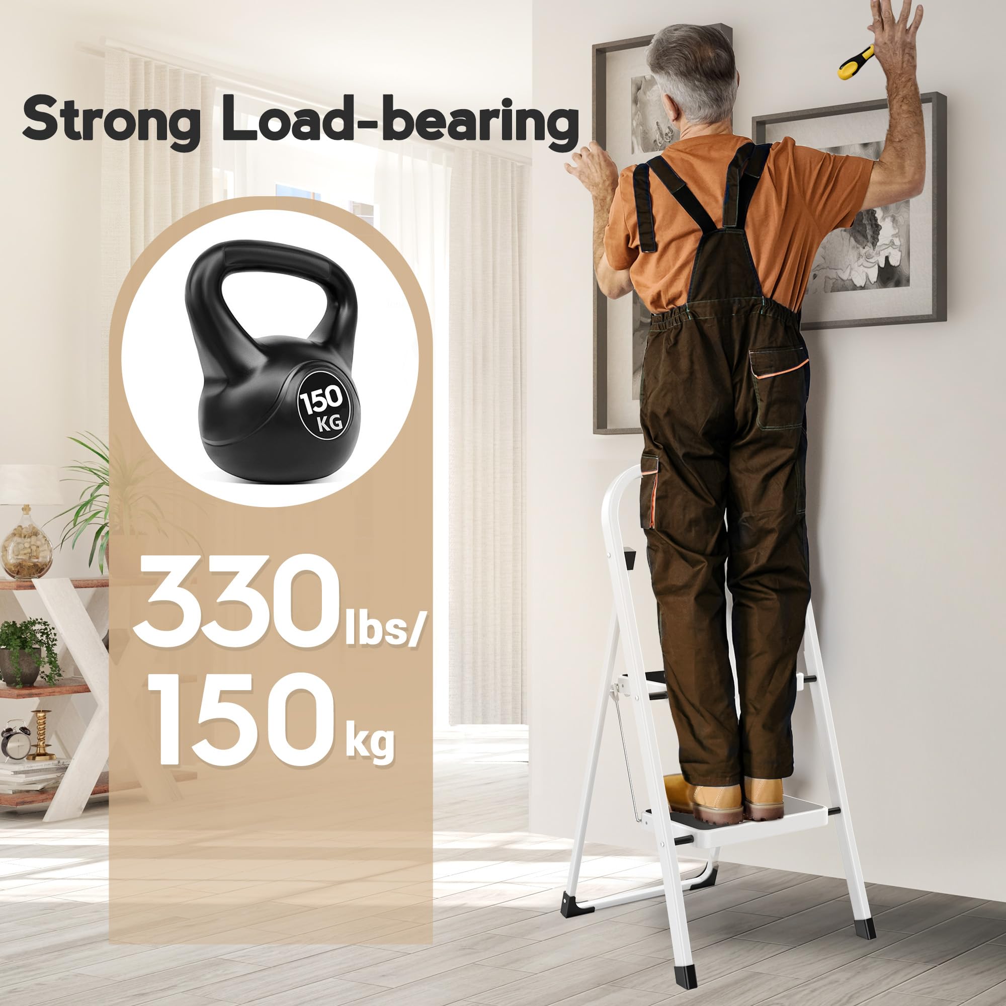 HBTower Trittleiter 2 Stufen klappbar, Faltbare Leiter aus Stahllegierung, rutschfeste Pedale, nur 4,5 cm dünn gefaltet, 150 kg belastbar, kein Aufbau nötig – für Küche, Garage & Büro
