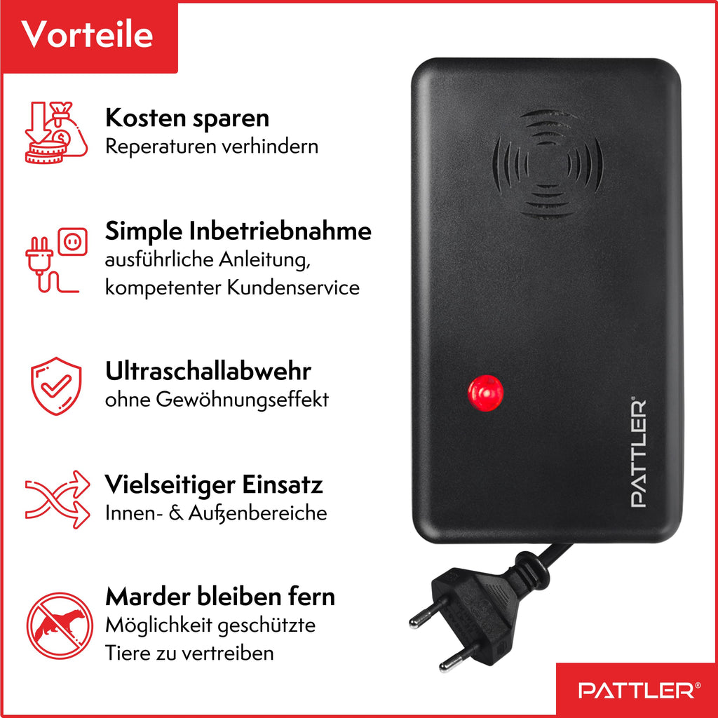 PATTLER ® Marderschreck Auto mit Stecker - für 60m². Marderschreck für Dachboden, Haus, Garten, Garage. Anschluss an Steckdose. Marderabwehr Dachboden mit Ultraschall - 1 Stück
