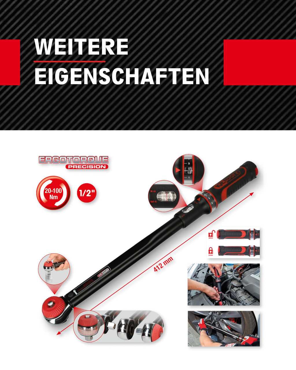 KS Tools Ratschen Drehmomentschlüssel 1/2 Zoll Drehknopf ERGOTORQUEprecision 516.1432 I 20-100 Nm I Mit Doppelskala in Nm und lbf•ft I Präzisions Schraubenschlüssel