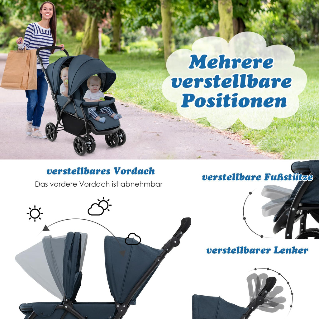 COSTWAY Geschwisterwagen klappbar, Zwillingswagen mit verstellbarer Rückenlehne & Verdeck, Reisebuggy mit Liegefunktion, Zwillingsbuggy Kinderwagen für Baby ab 6 Monate, 30 kg Belastbar (Blau)