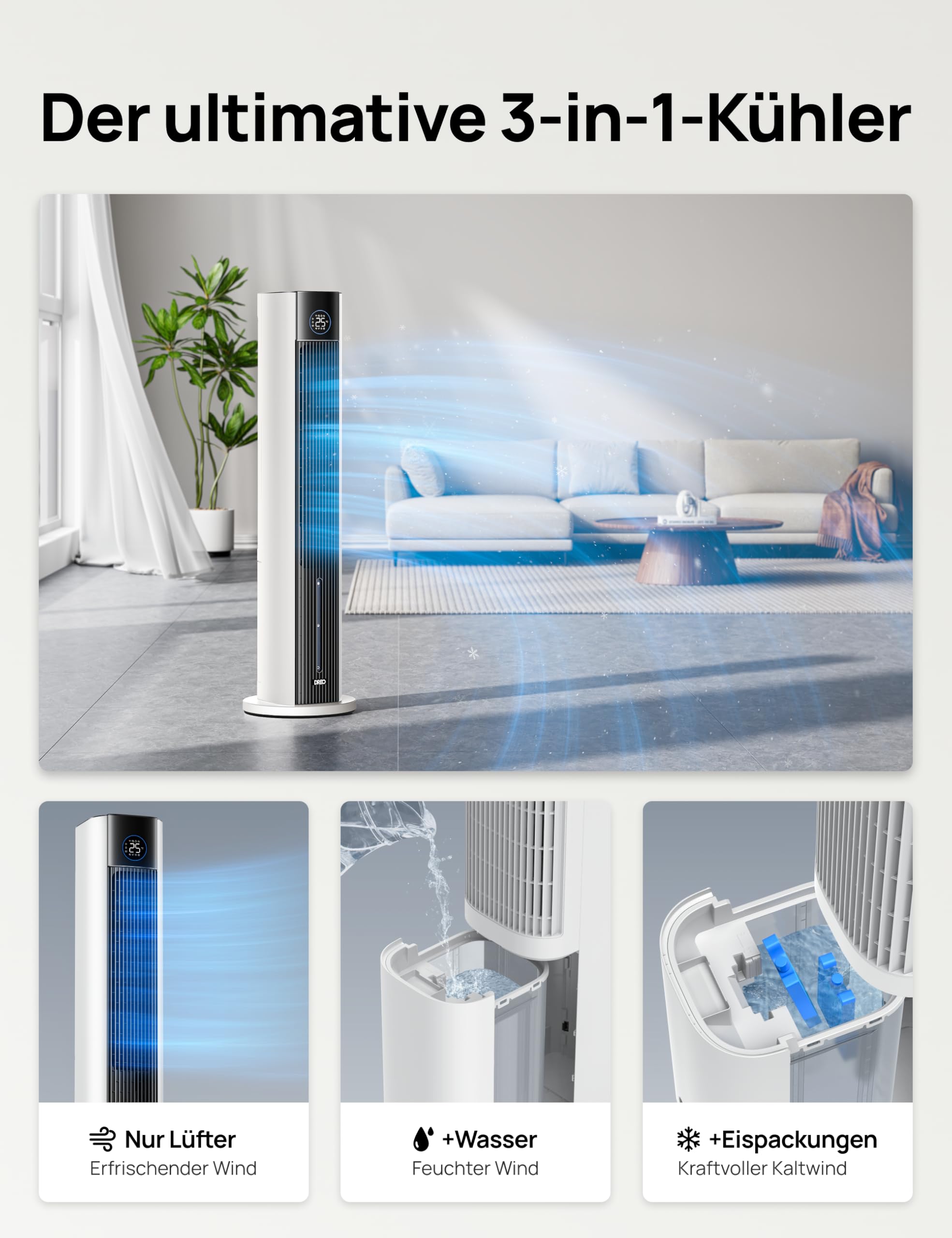 Dreo Turmventilator mit Wasserkühlung, 43” Luftkühler mit Wasserkühlung Leise, 4-Geschwindigkeiten-4-Modi Verdunstungskühler, APP-Steuerung, Eisbeutel, 85° Oszillation, 12-Std. Timer, weiß