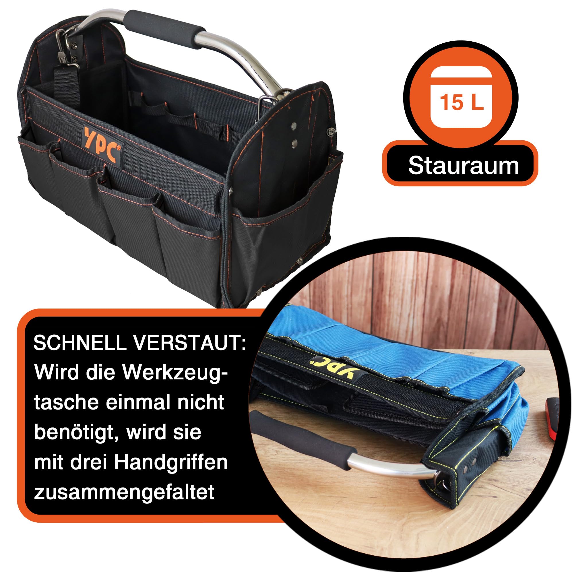 YPC Carrier Werkzeugkorb XL – Tragbare Werkzeugtasche mit stabilem Boden, Wasserfest, Reißfest, Faltbar, Schultergurt mit Polster & Metall-Handgriff, Schwarz, 40,5x30x19,5cm – 20 kg Tragkraft