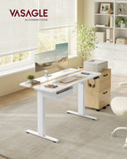 VASAGLE Höhenverstellbarer Schreibtisch elektrisch, 120 x 60 cm Tischoberfläche, Memory-Funktion mit 4 Höhen, mit Steckdosen und Stoffschubla, wolkenweiß-golichenfarben LSD112W01