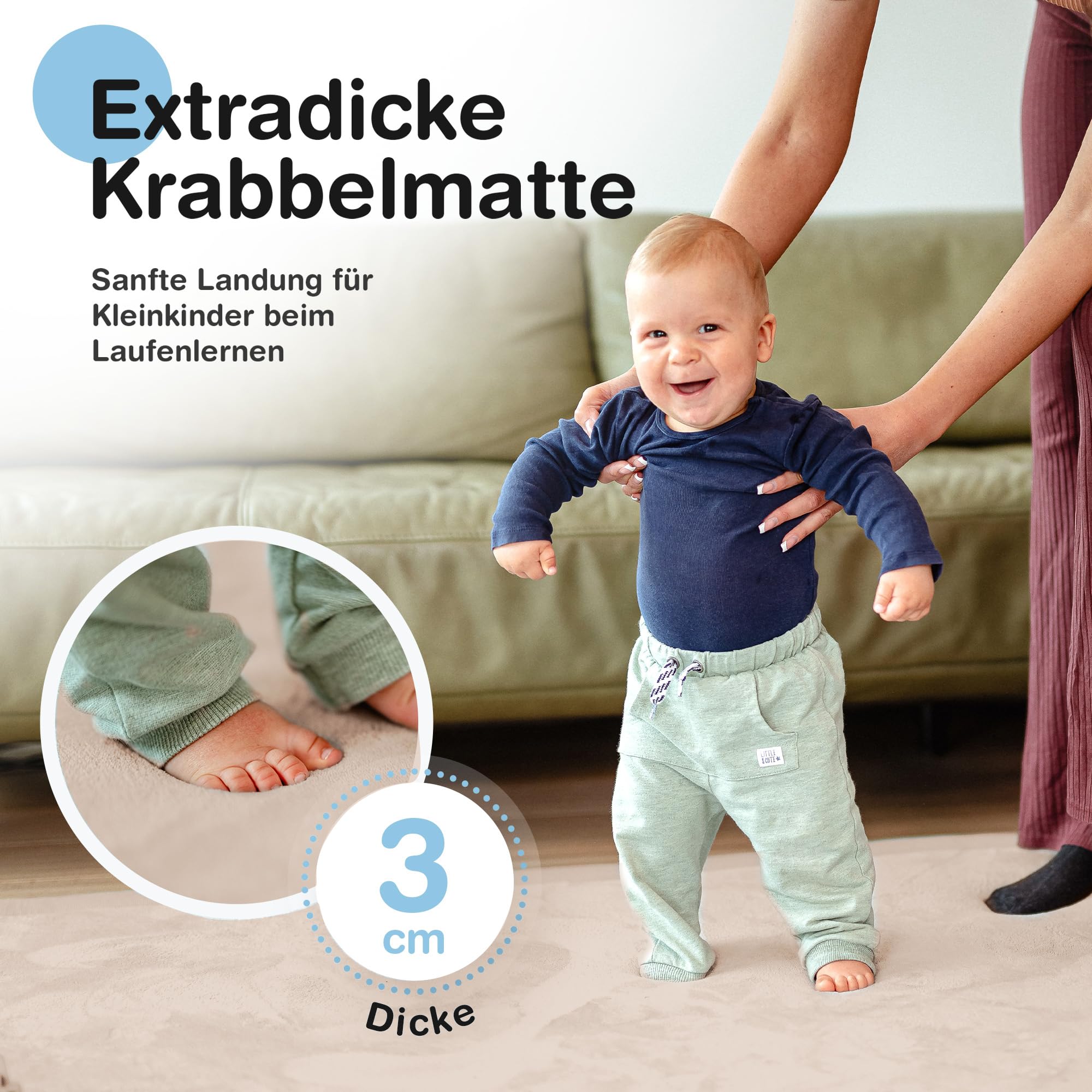 BabybeFun Krabbelmatte Baby - kuschelig weich - 3cm Dicke Spielmatte - schützt vor Stößen - Teppich Kinderzimmer 150x150cm - rutschfeste Schaumstoffmatte - Spielteppich Kinder - Krabbeldecke warm