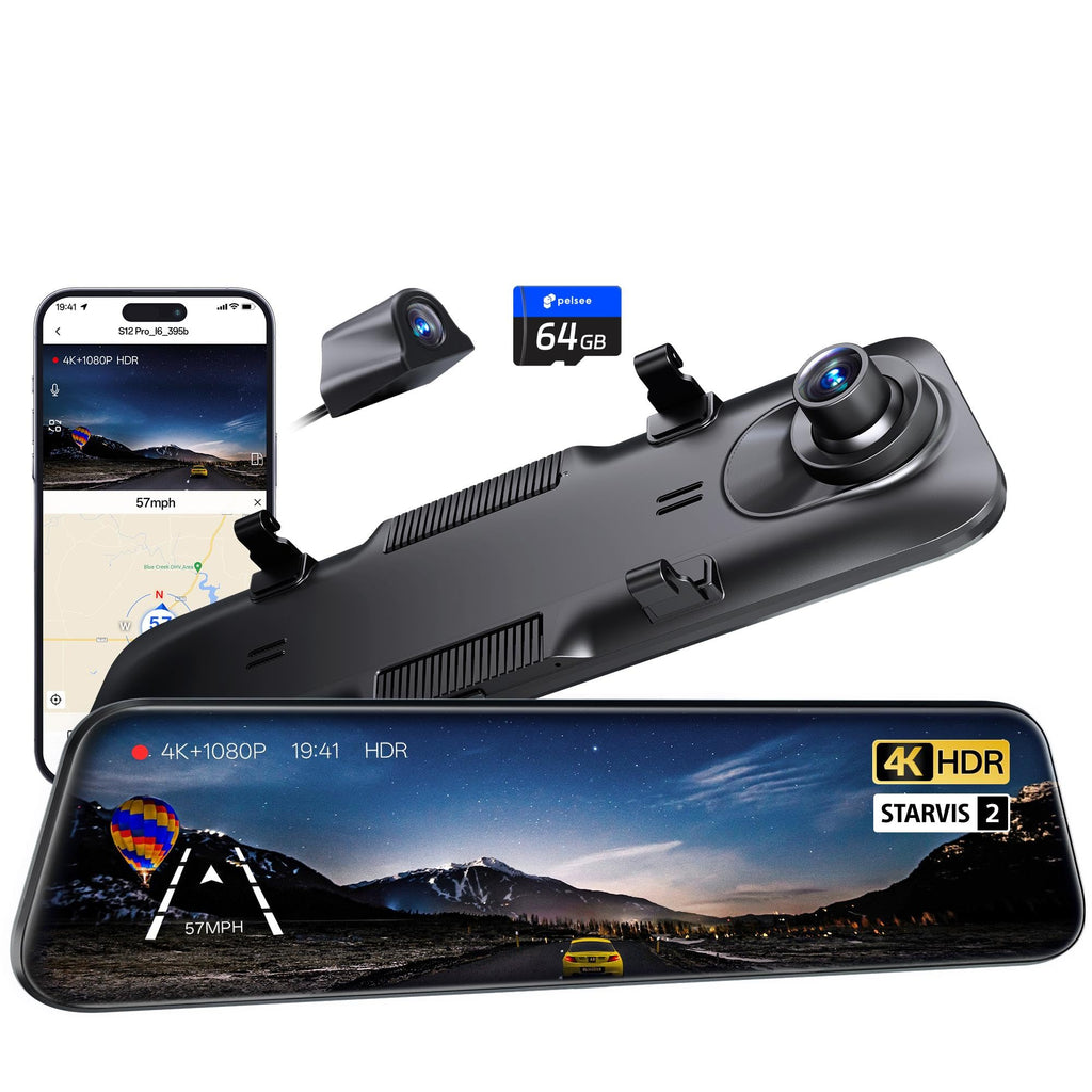 Pelsee S12 Pro 12" Spiegel Dashcam Mit STARVIS 2 Sensor, 4K Dashcam Auto Vorne Hinten Mit 5,8 GHz WiFi, Touchscreen Rückspiegel Rückfahrkamera Mit ADAS & BSD, GPS, Farb-Nachtsicht, 64GB Karte