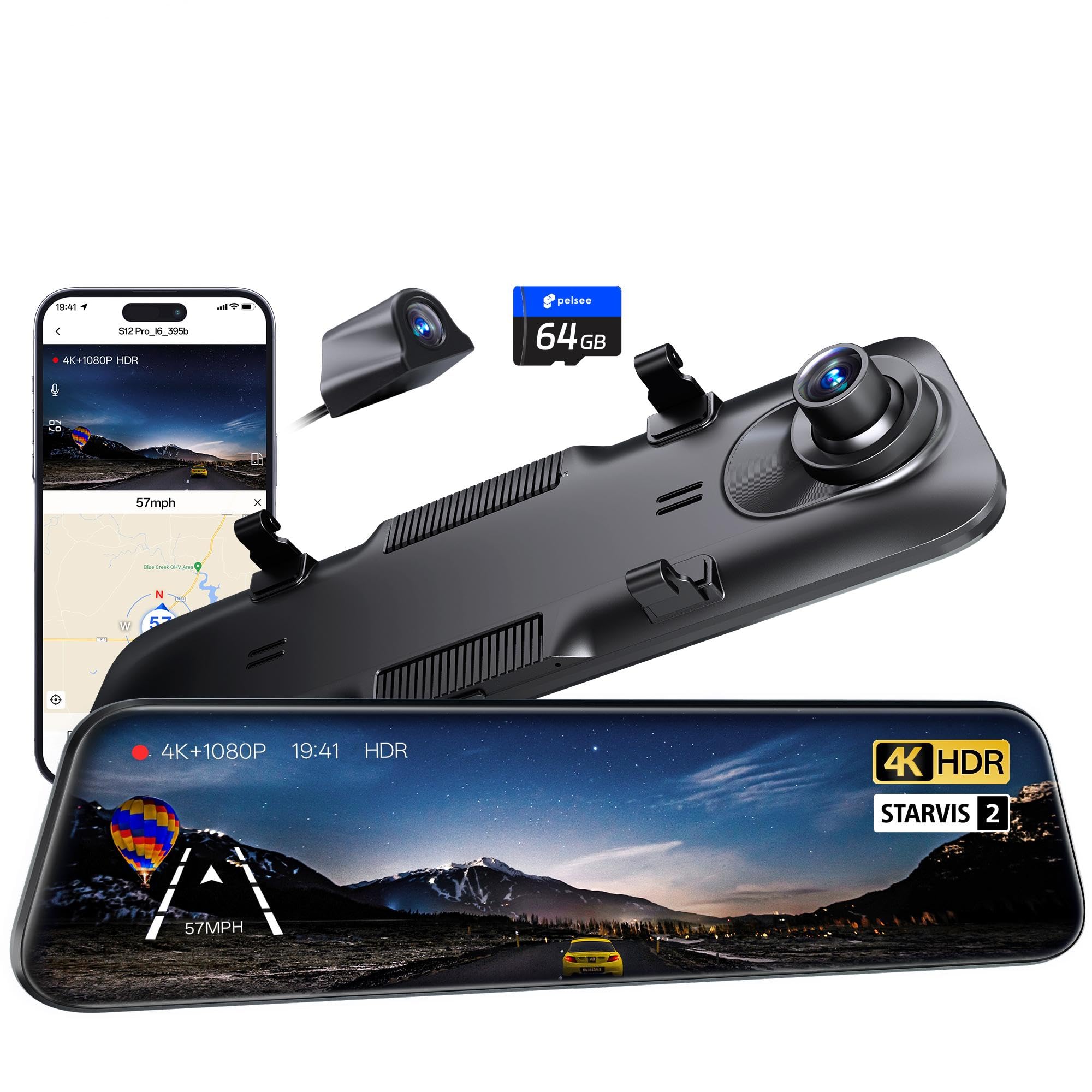 Pelsee S12 Pro 12" Spiegel Dashcam Mit STARVIS 2 Sensor, 4K Dashcam Auto Vorne Hinten Mit 5,8 GHz WiFi, Touchscreen Rückspiegel Rückfahrkamera Mit ADAS & BSD, GPS, Farb-Nachtsicht, 64GB Karte