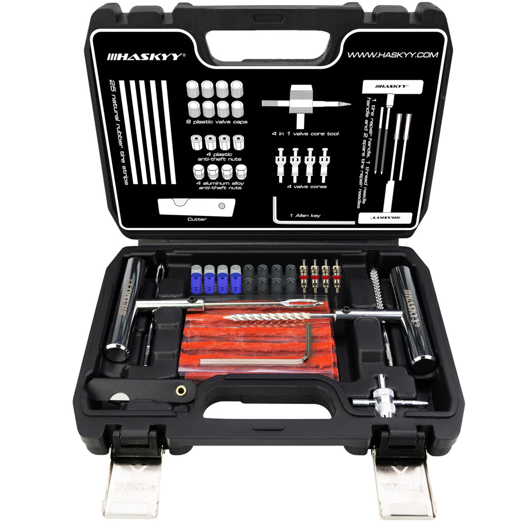 HASKYY Reifenreparaturset Reifenflickzeug Auto Reifen Reparatur Kit 53tlg - All in One Pannenset für Auto, Motorrad, ATV, SUV - Gummistreifen, Ventilwerkzeug, T-Griff & Cutter