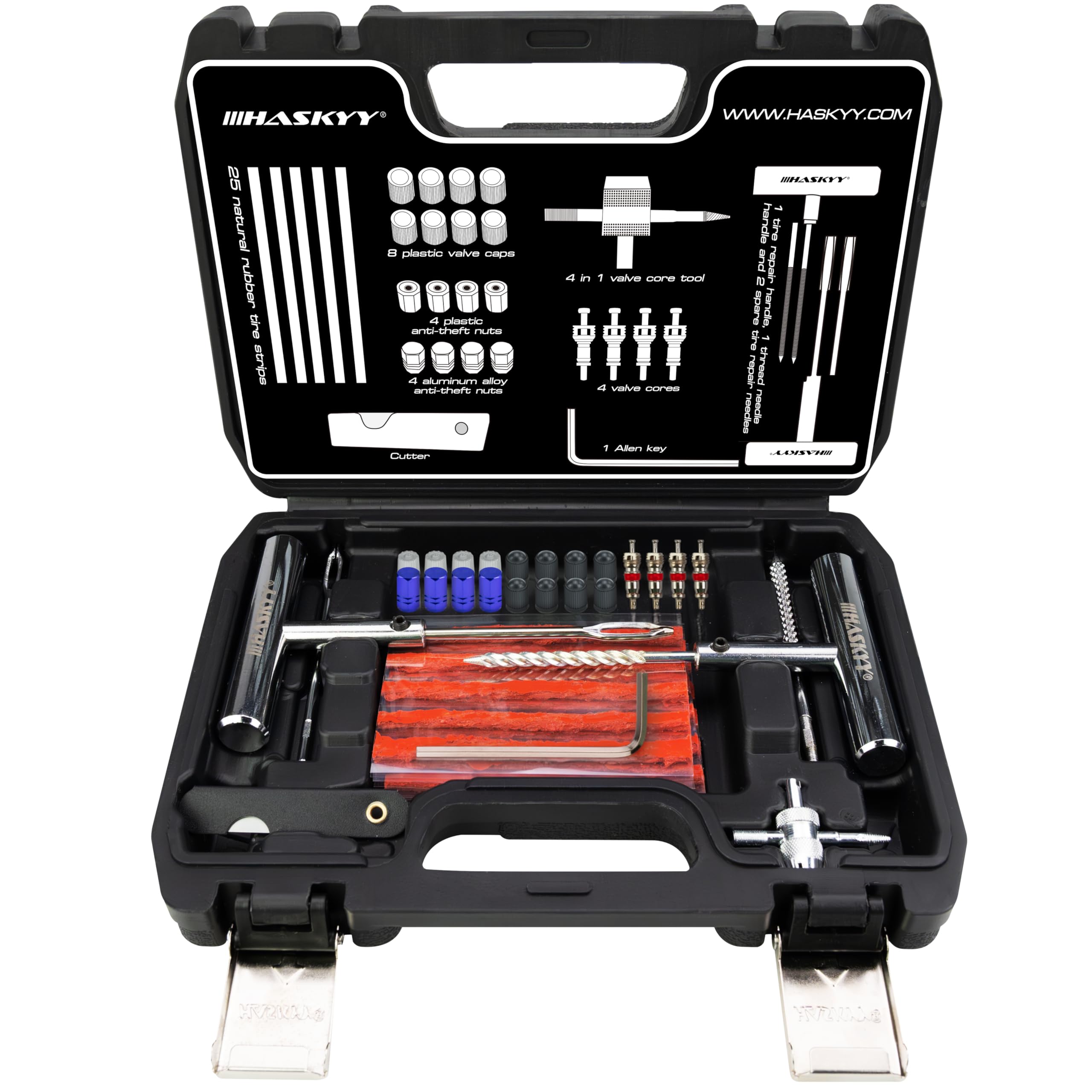 HASKYY Reifenreparaturset Reifenflickzeug Auto Reifen Reparatur Kit 53tlg - All in One Pannenset für Auto, Motorrad, ATV, SUV - Gummistreifen, Ventilwerkzeug, T-Griff & Cutter