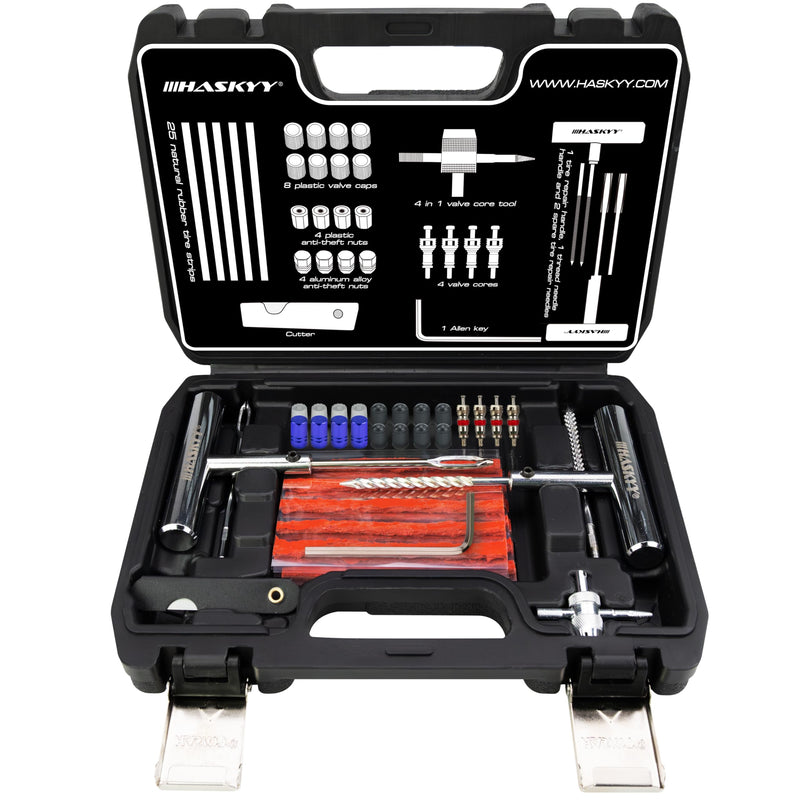 HASKYY Reifenreparaturset Reifenflickzeug Auto Reifen Reparatur Kit 53tlg - All in One Pannenset für Auto, Motorrad, ATV, SUV - Gummistreifen, Ventilwerkzeug, T-Griff & Cutter