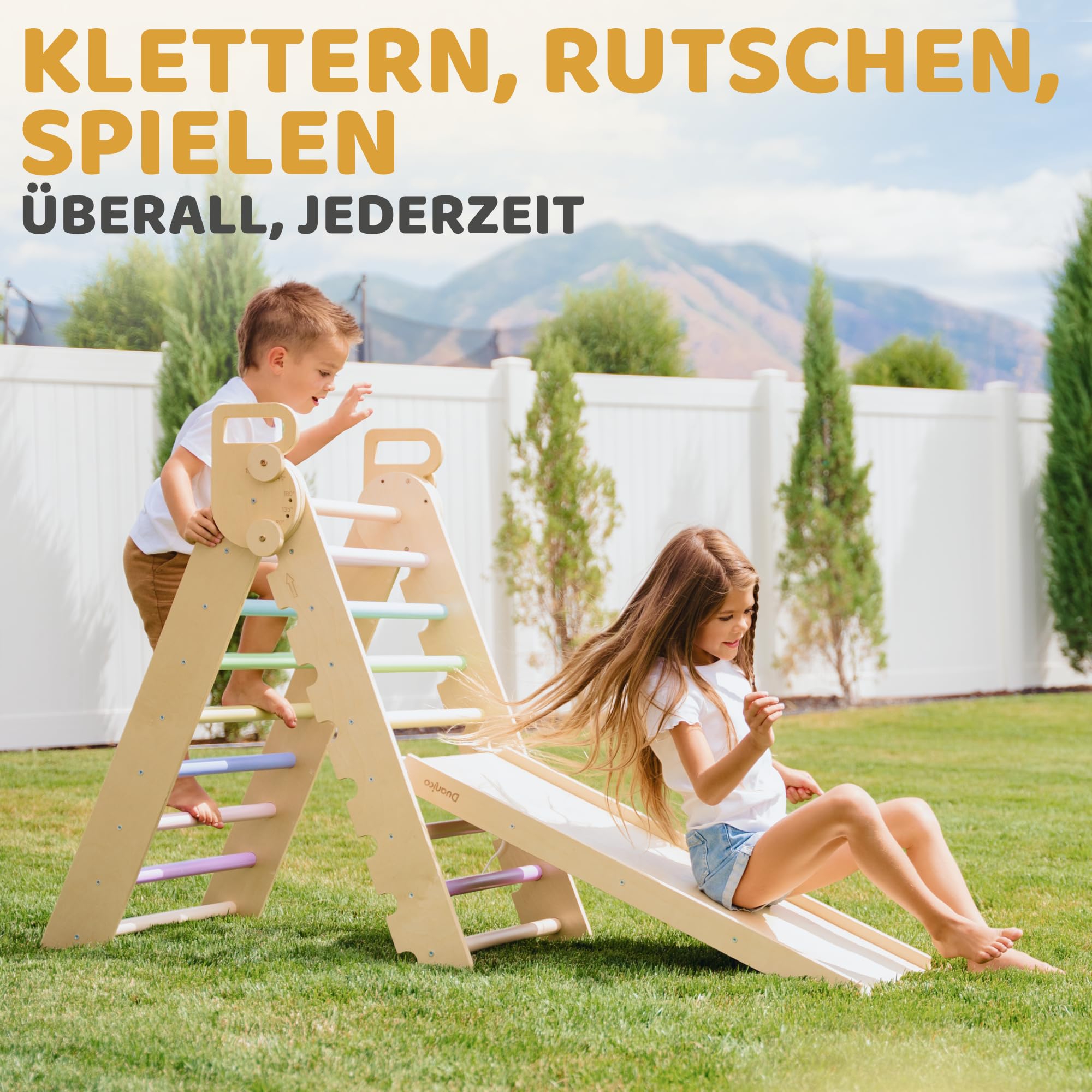 Duanico Großes 9in1 Kinder & Baby Kletterdreieck aus Holz, verstellbar in 5 Winkeln, Rutsche Wippe, Kletterbogen Kissen, Montessori Kletter Spielzeug für Kinder 1–7 Jahre, Klettergerüst Indoor