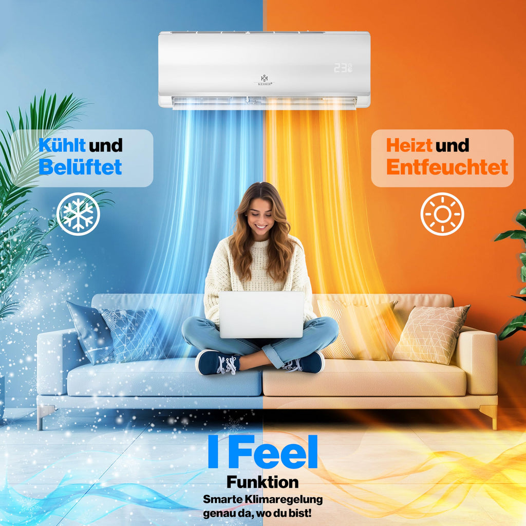 KESSER® Klimaanlage Set Split - mit WiFi/App Funktion Klimagerät - Kühlen A++/ Heizen A+ - 9000 BTU/h (2.600 Watt) Sehr Leise, Kältemittel R32 - Fernbedienung, Timerfunktion - Inkl. Montagematerial