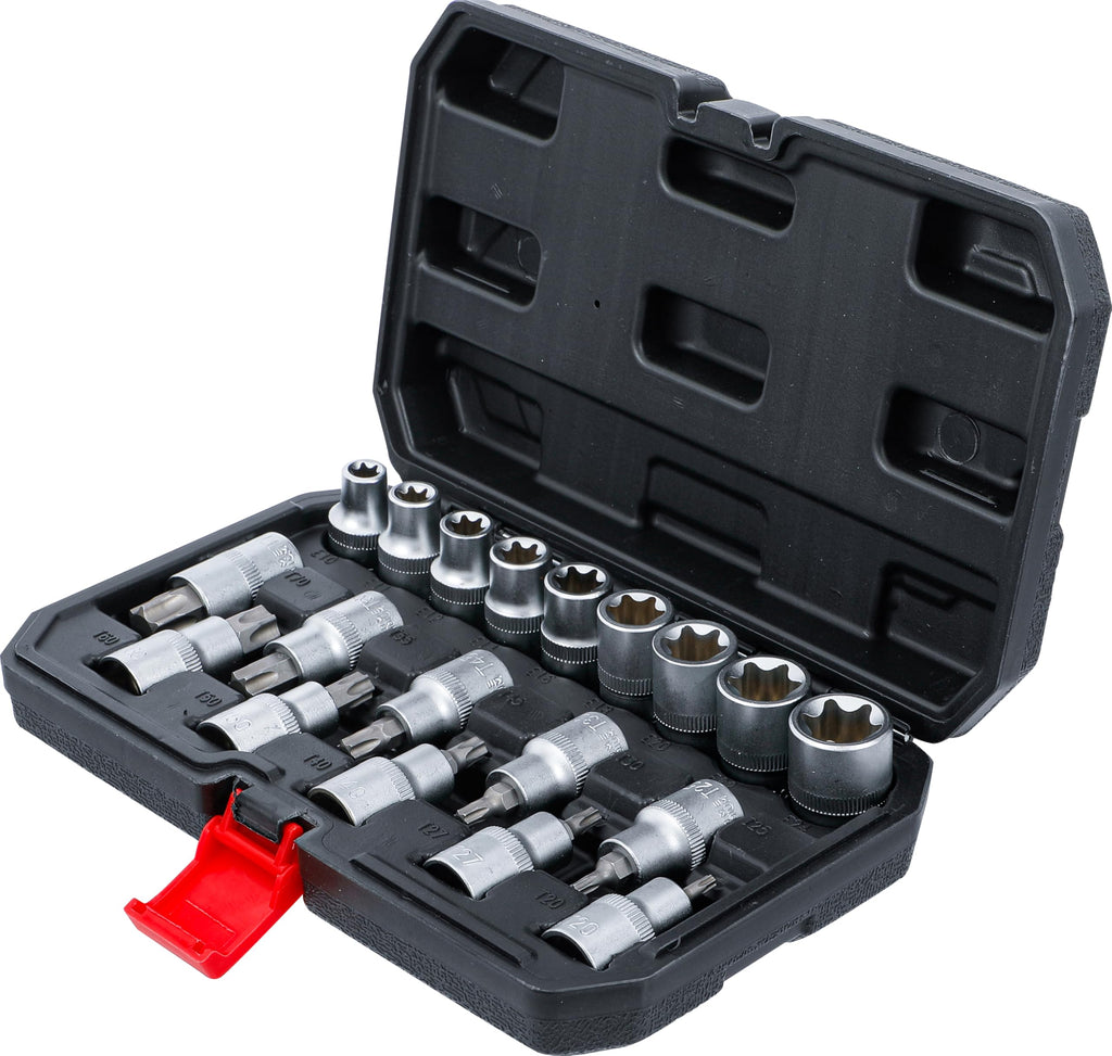 BGS Diy 95100 | Bit-Einsatz-/Steckschlüssel-Satz | Antrieb Innensechskant 12,5 mm (1/2") | T-Profil (für Torx) / E-Profil | 19-tlg.