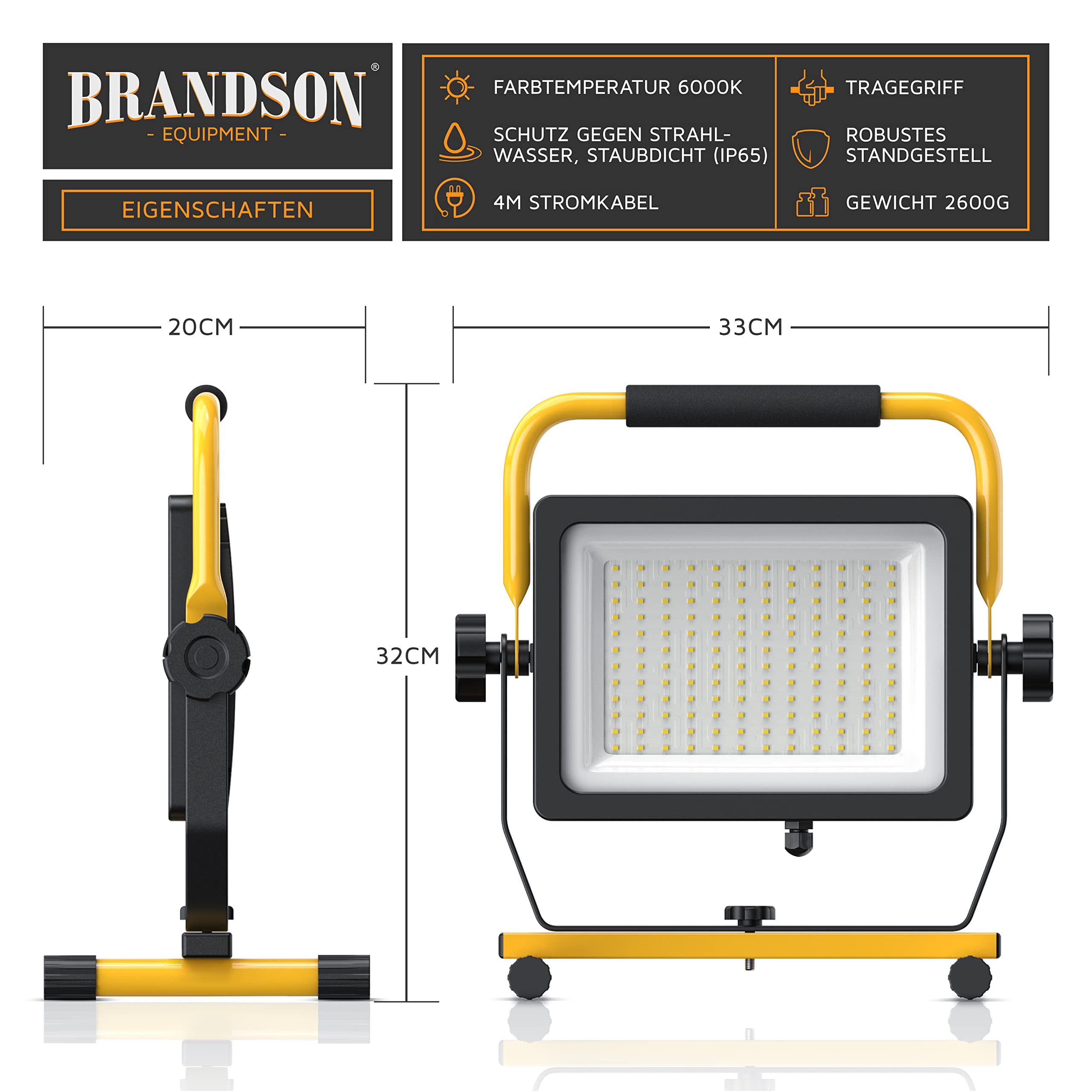 Brandson - 100W LED Baustrahler 144 SMD LEDs – Arbeitsleuchte – Bauscheinwerfer – Baulampe - Tragegriff 6000K – 10000 Lumen – 4 m Stromkabel – Metallgehäuse – IP65