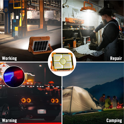 100W Baustrahler Akku Solar Arbeitsleuchte, 466 LED 5 Modi, 10000LM 12000mAh USB-wiederaufladbar, IP66 wasserdicht Akku Arbeitsleuchte Tragbar im Freien für Baustelle, Camping, Garage, Notfälle