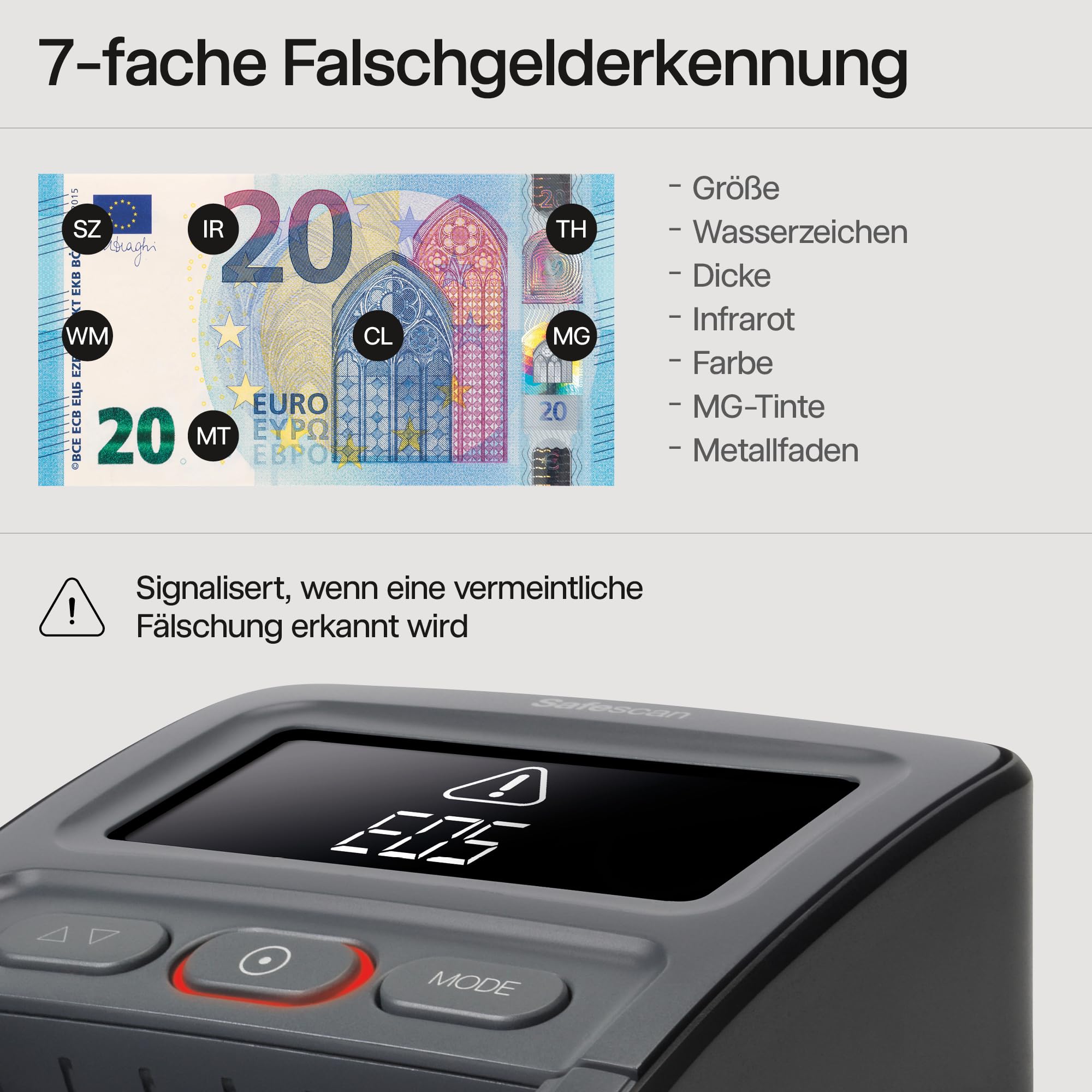 Safescan 155-S automatischer Geldscheinprüfer zur schnellen Überprüfung von Geldscheinen - Falschgeldprüfgerät mit 7-facher Echtheitsprüfung - 100% genauer Geldscheinprüfer