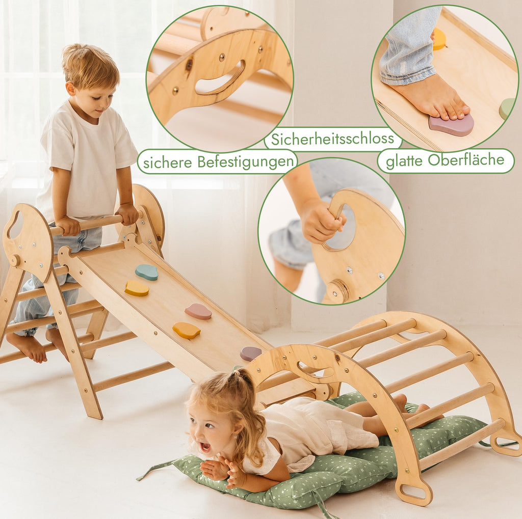 Goodevas 5-in-1 Montessori Klettergerüst Set: Indoor Kletterdreieck, Kletterbogen mit Kissen, und Rutsche für Kinder, Indoor Spielplatz 1-3 Jahre