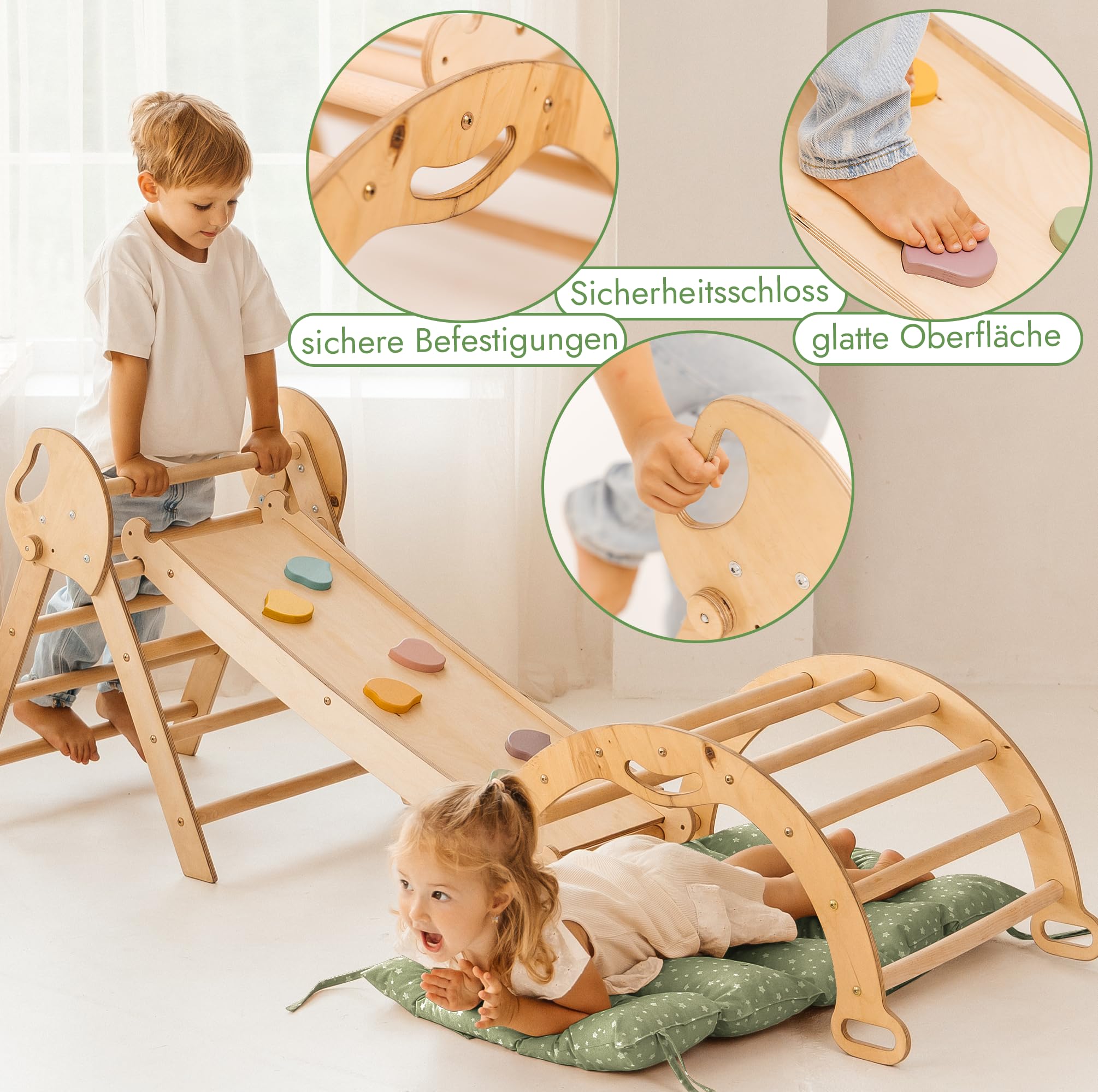 Goodevas 5-in-1 Montessori Klettergerüst Set: Indoor Kletterdreieck, Kletterbogen mit Kissen, und Rutsche für Kinder, Indoor Spielplatz 1-3 Jahre