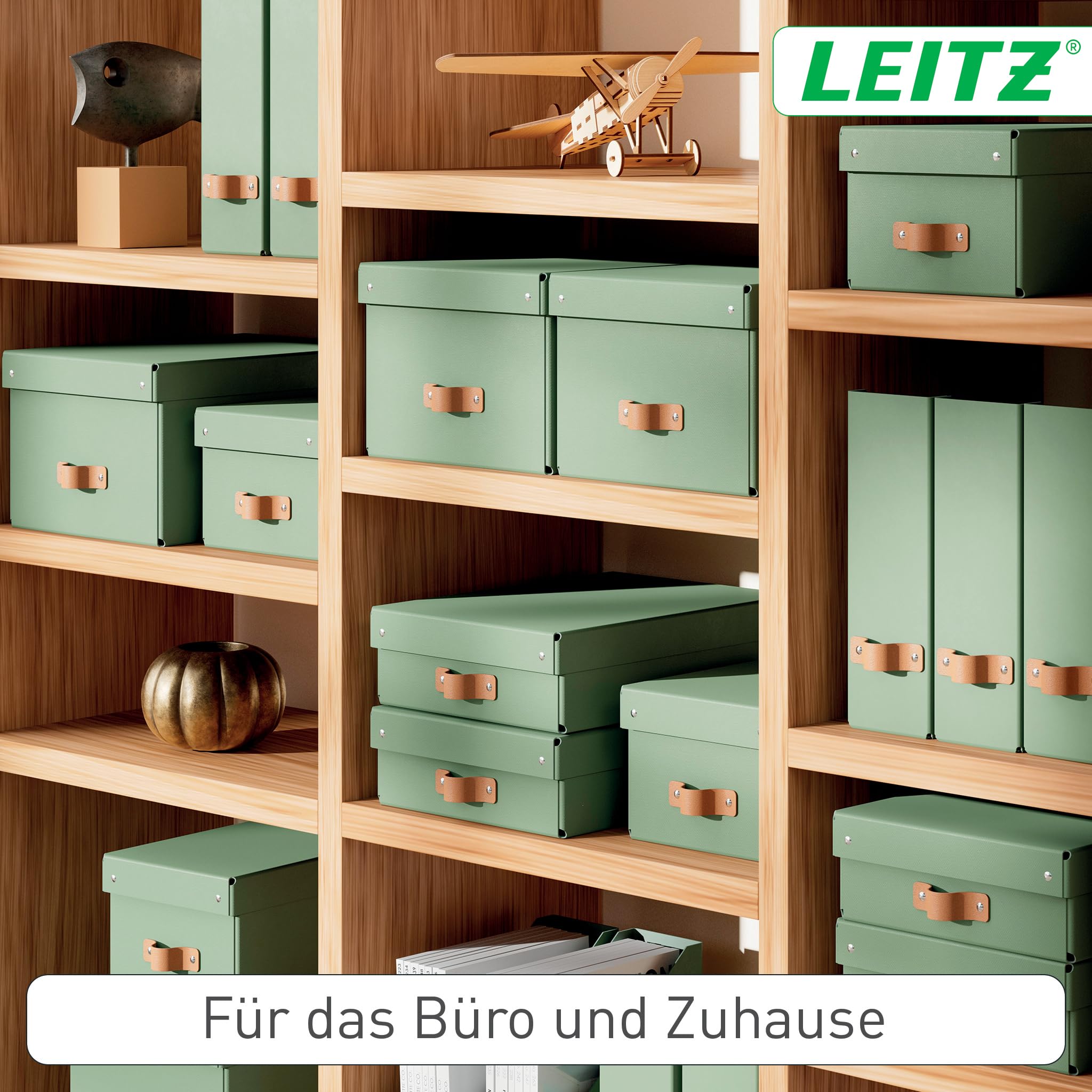 Leitz Puro Flache Aufbewahrungsbox mit Deckel, Medium, 2er-Set, Box 8 L, stapelbar, Organizer-Box für Regale und Schränke, FSC-Karton, für Büro und Home Office, 26 x 35 x 10 cm, Grün, 61480050