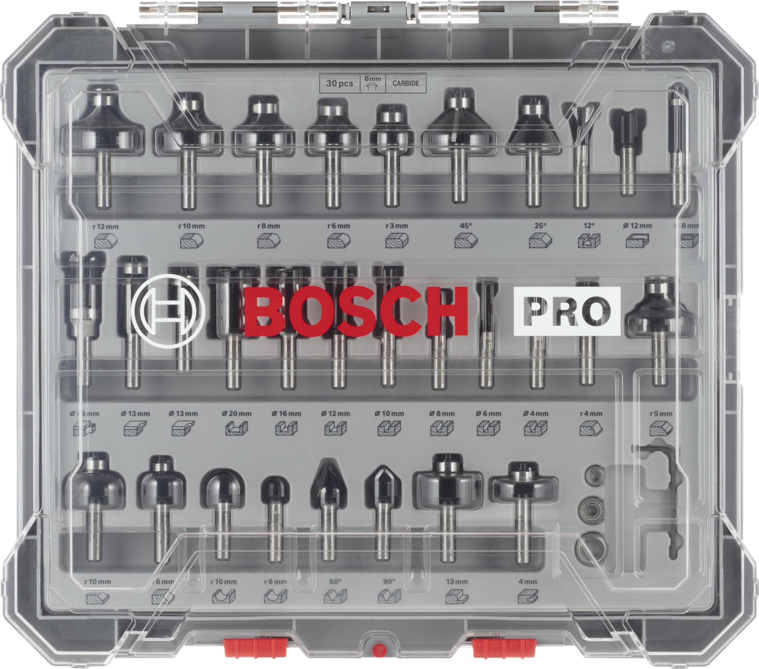 Bosch 30x PRO Fräser-Set gemischt, 30-tlg. (für Weichholz, Hartholz, Ø 4-32 mm, Professional Zubehör Handfräse, Kantenfräse)