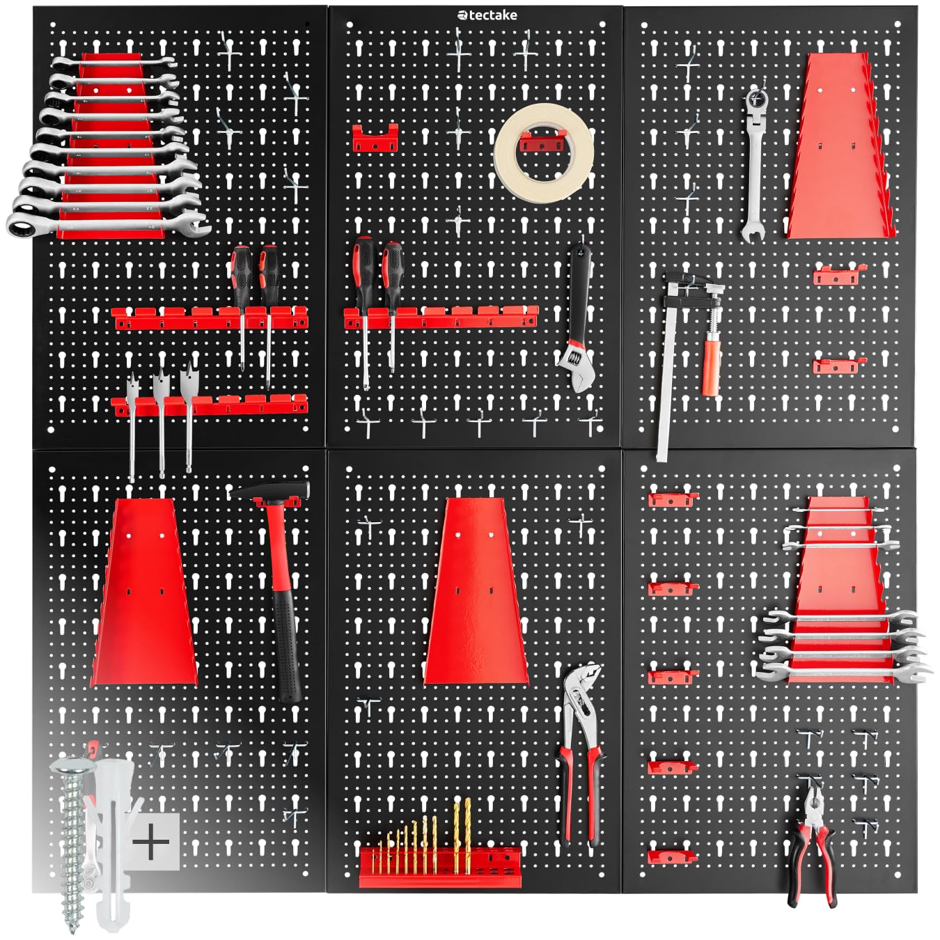 tectake® Werkzeug Lochwand aus Metall, 240 x 60 x 2 cm, Werkzeugwand Lochplatte, inkl. Werkzeughalter Set Haken und Halterungen, Wandregal Regalsystem für Werkbank, Garage, Werkstatteinrichtung - 6tlg