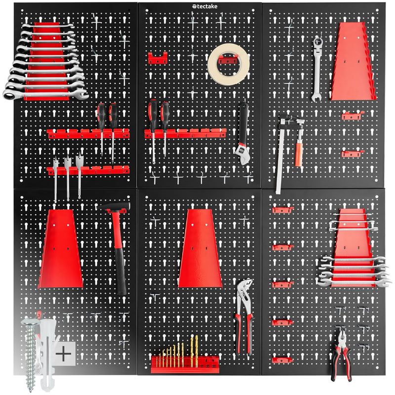 tectake® Werkzeug Lochwand aus Metall, 240 x 60 x 2 cm, Werkzeugwand Lochplatte, inkl. Werkzeughalter Set Haken und Halterungen, Wandregal Regalsystem für Werkbank, Garage, Werkstatteinrichtung - 6tlg