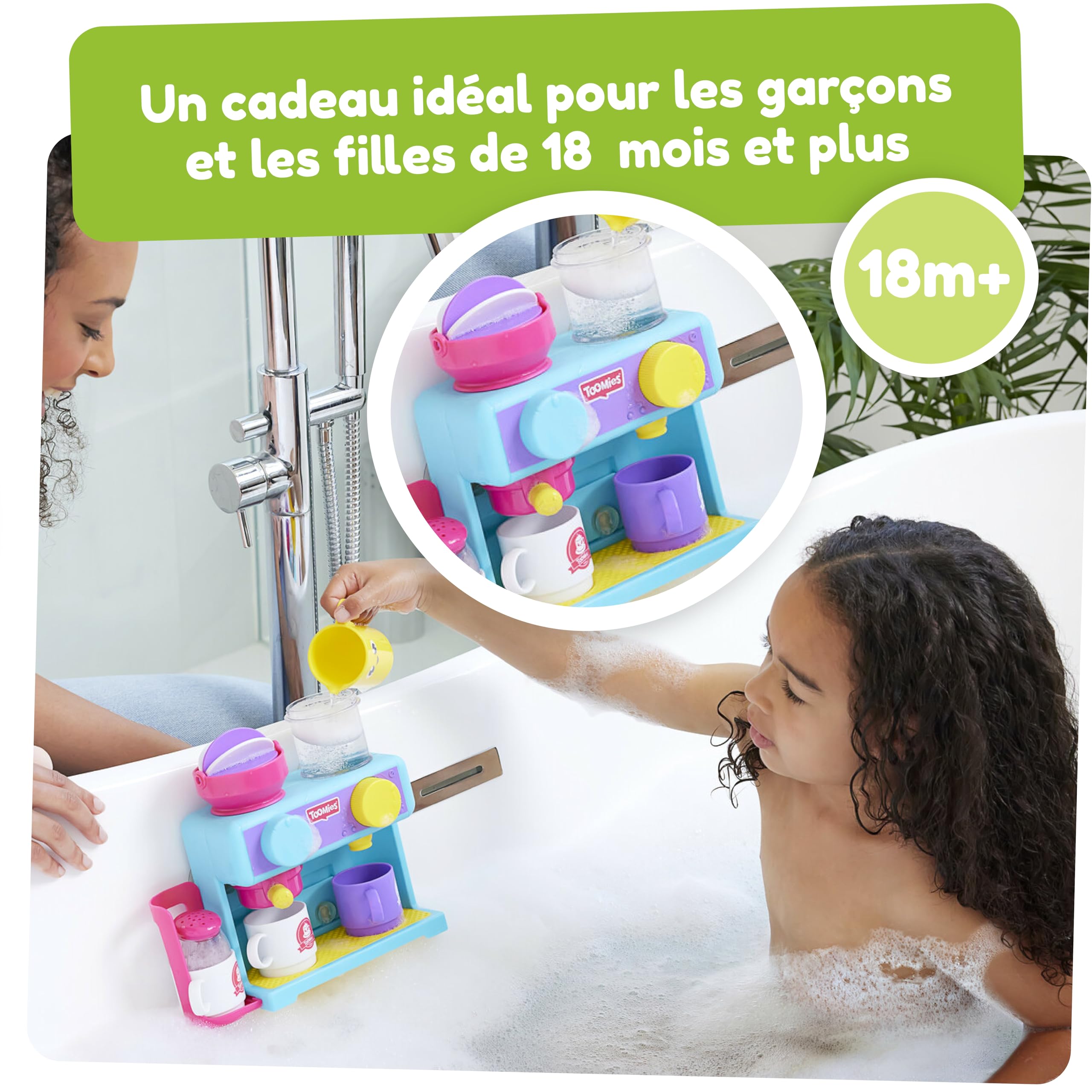 Tomy Toomies Bade-Barista – Wandmontiertes Baby-Badespielzeug als Café & Schaumbad-Spielküche für Kleinkinder – Küchen-Set: 3 Tassen, 1 Krug, 1 Shaker – ab 18 Monaten für Mädchen & Jungen