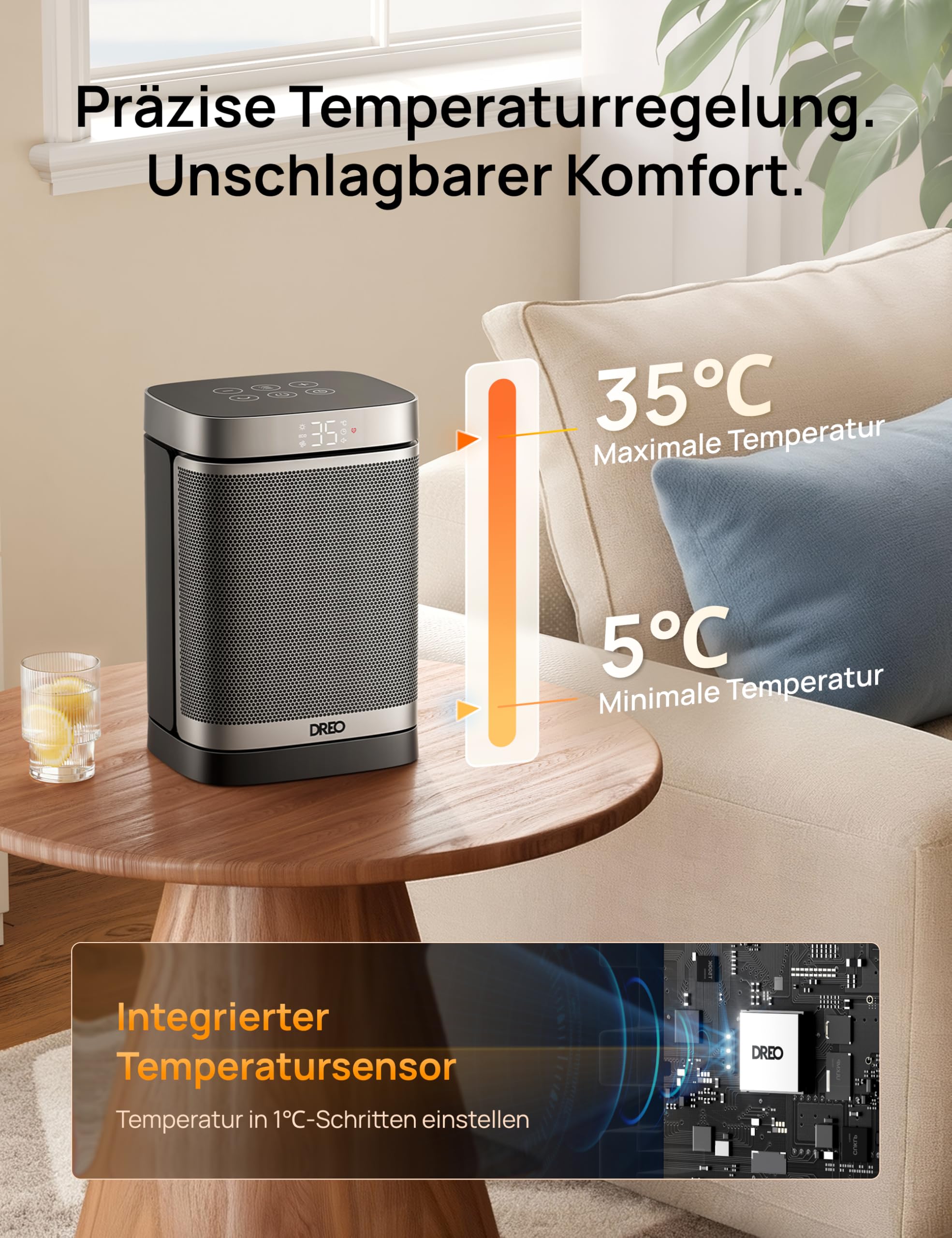 Dreo Heizlüfter Energiesparend Klein, 1500W Heizung Elektrisch mit Thermostat, 70° Oszillierend Elektroheizung, PTC Keramik Heizlüfter Leise, ECO-Modus, 12-Std-Timer, Überhitzungs- & Kippschutz