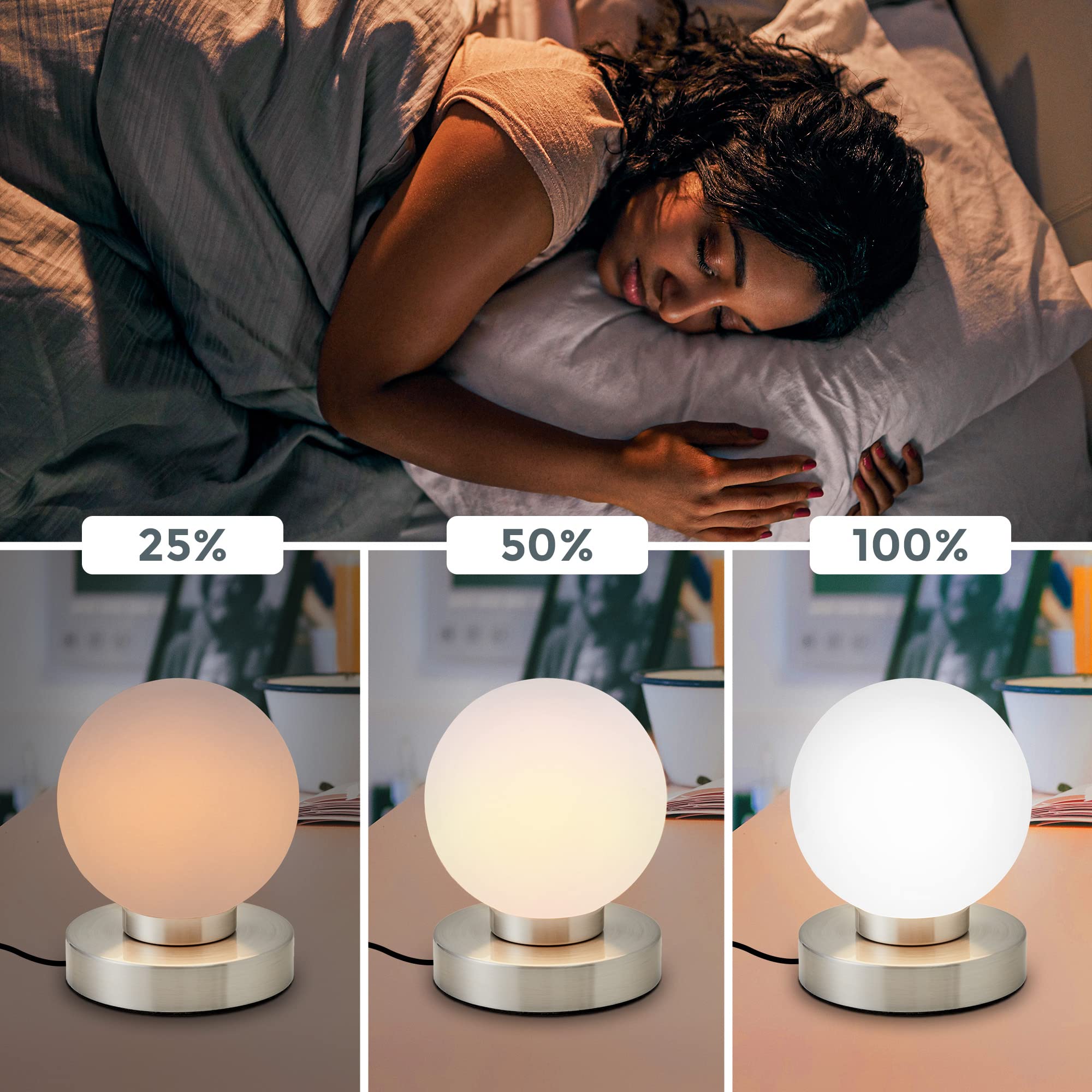 B.K.Licht - Nachttischlampe mit Touch, Dimmbar, E14 Fassung, Kugel Glas weiß, Tischlampe, Lampe, Nachttischleuchte, Tischleuchte, Bürolampe, Leselampe, Leselicht, 12,6x15,7 cm (DxH), Matt-nickel