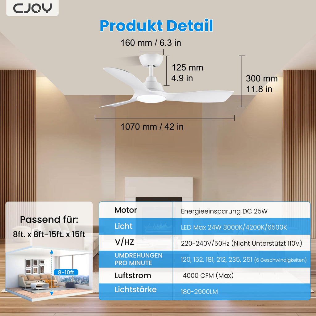 CJOY Deckenventilator mit Beleuchtung, 107 cm Deckenventilator mit Beleuchtung und Fernbedienung Leise, DC Umkehrbar, Speicher 3CCT, Dimmbar, 6 Geschwindigkeiten, Zeitschaltuhr Für Schlafzimmer