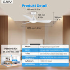 CJOY Deckenventilator mit Beleuchtung, 107 cm Deckenventilator mit Beleuchtung und Fernbedienung Leise, DC Umkehrbar, Speicher 3CCT, Dimmbar, 6 Geschwindigkeiten, Zeitschaltuhr Für Schlafzimmer