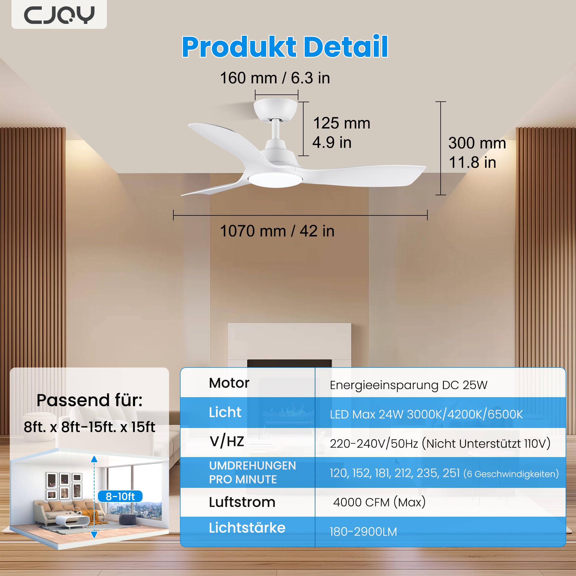 CJOY Deckenventilator mit Beleuchtung, 107 cm Deckenventilator mit Beleuchtung und Fernbedienung Leise, DC Umkehrbar, Speicher 3CCT, Dimmbar, 6 Geschwindigkeiten, Zeitschaltuhr Für Schlafzimmer