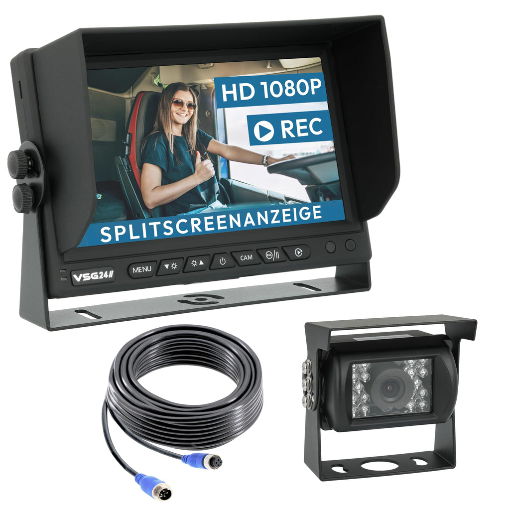 VSG24 Rückfahrkamera 7" HD Starter-Set inkl. Kamera, Monitor, Kabel - Wasserdicht Nachtsicht 12V-24V Einfache Montage/Robustes Rückfahrsystem für Auto Wohnwagen LKW Anhänger Wohnmobile Einparkhilfe