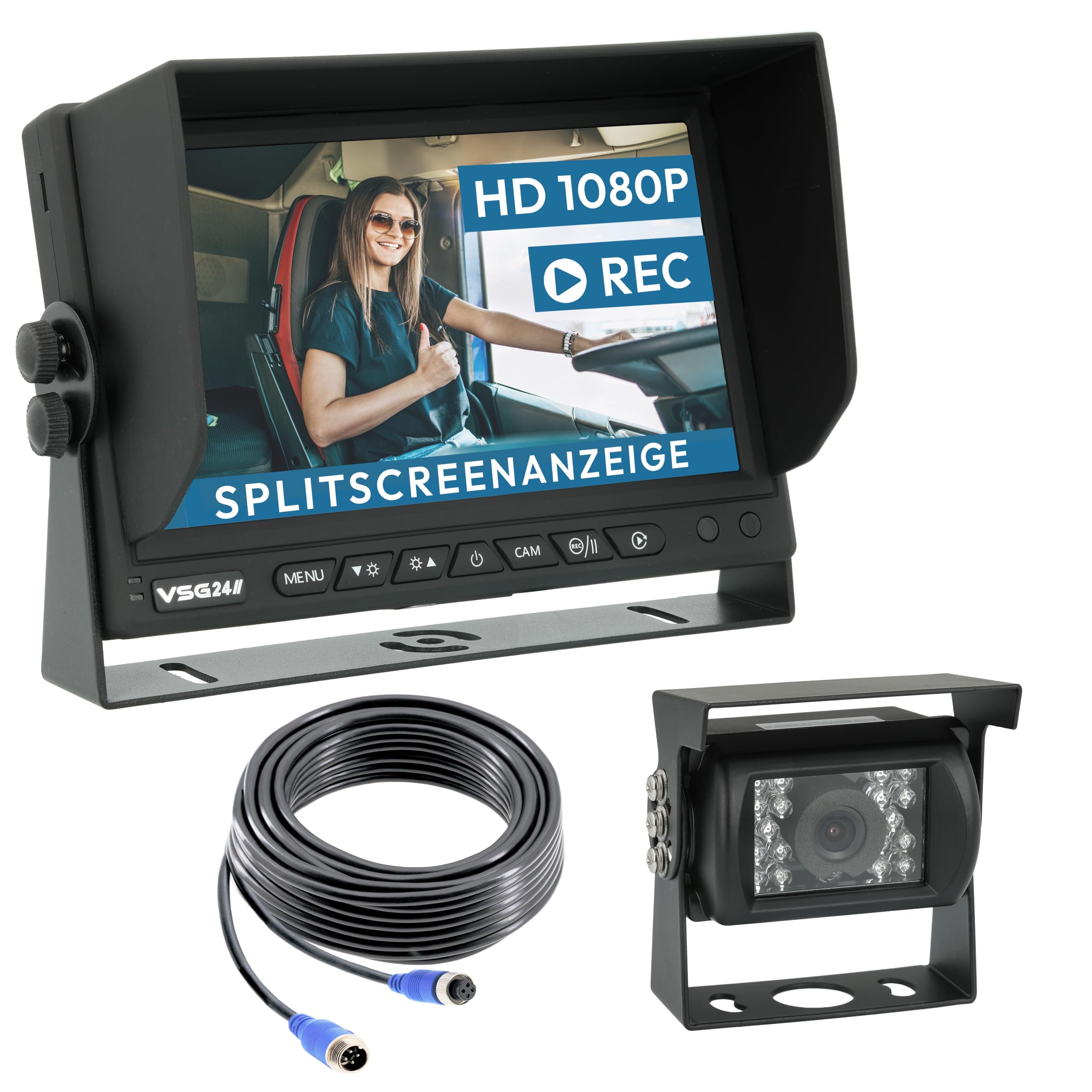 VSG24 Rückfahrkamera 7" HD Starter-Set inkl. Kamera, Monitor, Kabel - Wasserdicht Nachtsicht 12V-24V Einfache Montage/Robustes Rückfahrsystem für Auto Wohnwagen LKW Anhänger Wohnmobile Einparkhilfe