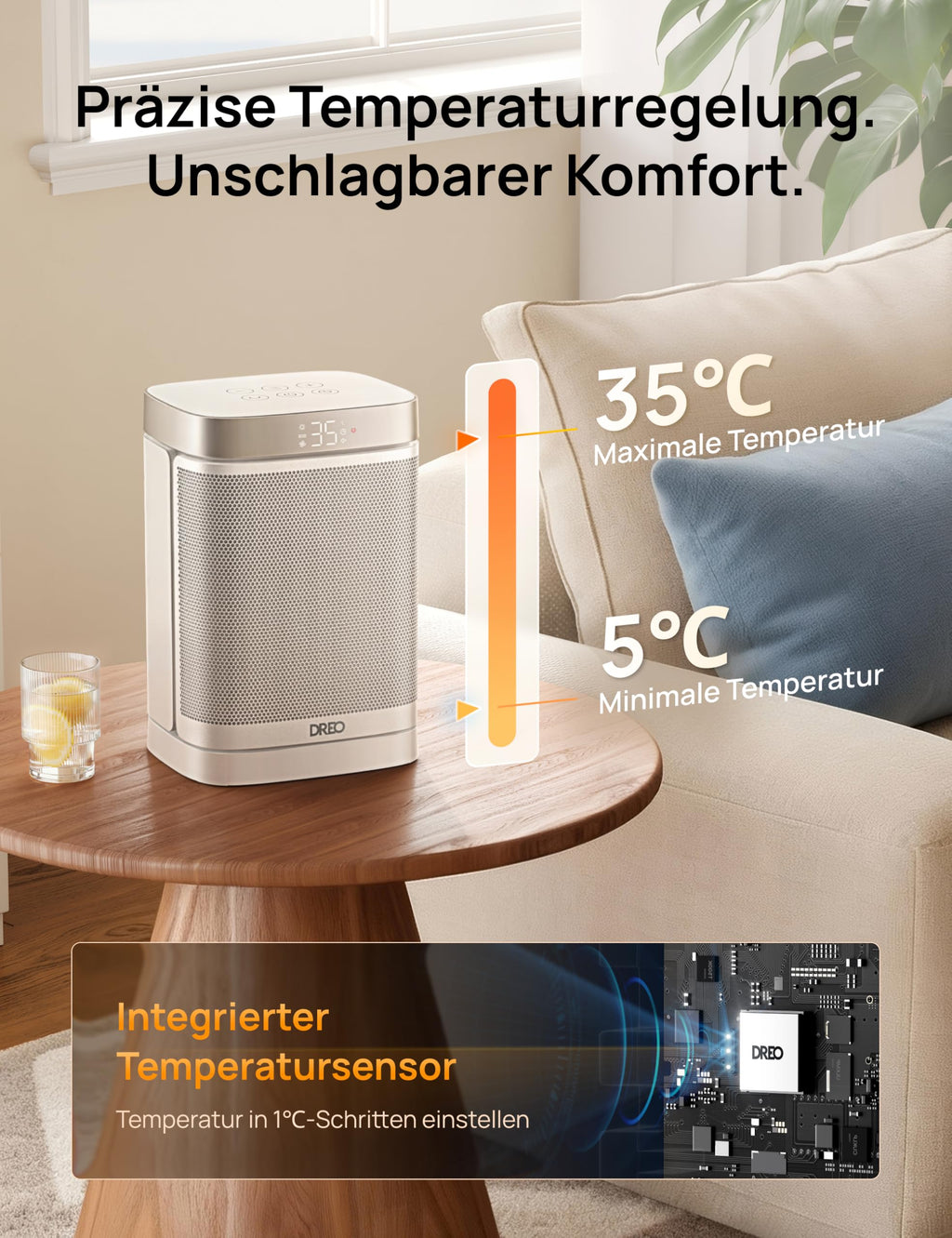Dreo Heizlüfter Energiesparend Klein, 1500W Heizung Elektrisch mit Thermostat, 70° Oszillierend Elektroheizung, PTC Keramik Heizlüfter Leise, ECO-Modus, 12-Std-Timer, Überhitzungs- & Kippschutz, Weiß
