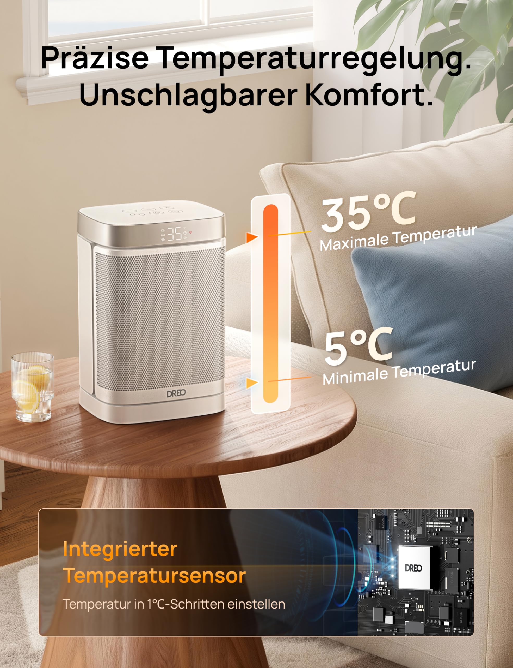 Dreo Heizlüfter Energiesparend Klein, 1500W Heizung Elektrisch mit Thermostat, 70° Oszillierend Elektroheizung, PTC Keramik Heizlüfter Leise, ECO-Modus, 12-Std-Timer, Überhitzungs- & Kippschutz, Weiß