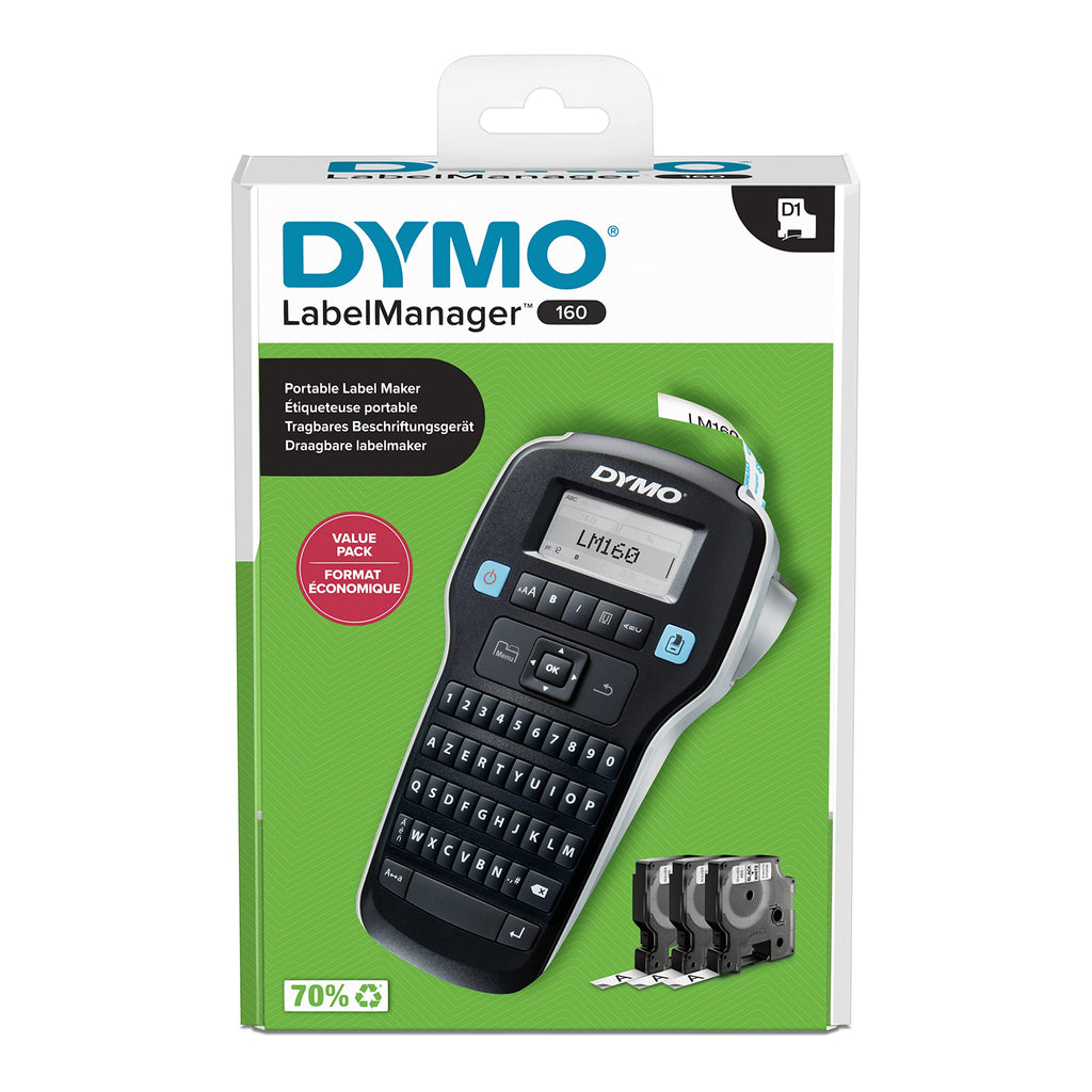 DYMO LabelManager 160 Grundset mit Beschriftungsgerät | Tragbarer Drucker mit 3 Rollen Etikettenband für DYMO D1 | AZERTY-Tastatur | Ideal für Büro oder Zuhause