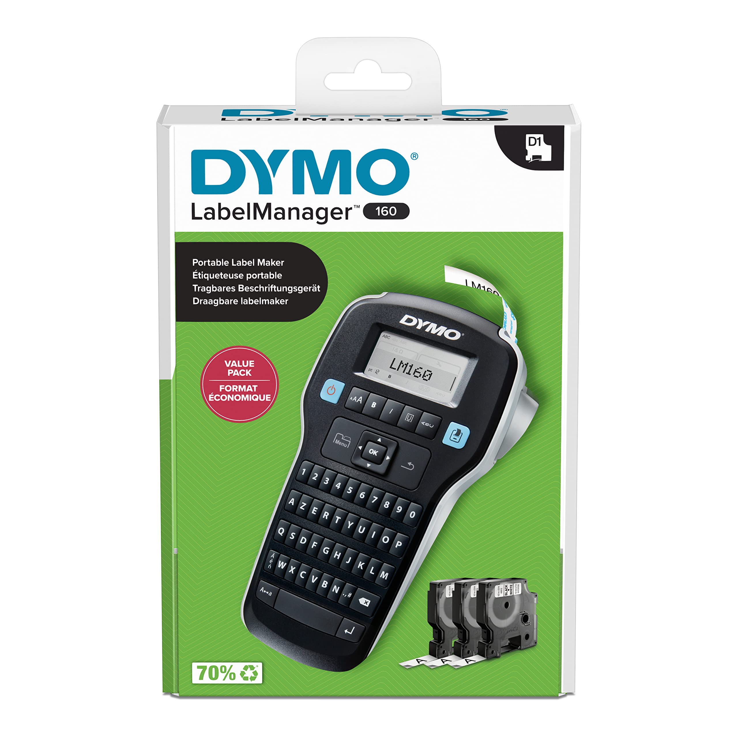 DYMO LabelManager 160 Grundset mit Beschriftungsgerät | Tragbarer Drucker mit 3 Rollen Etikettenband für DYMO D1 | AZERTY-Tastatur | Ideal für Büro oder Zuhause